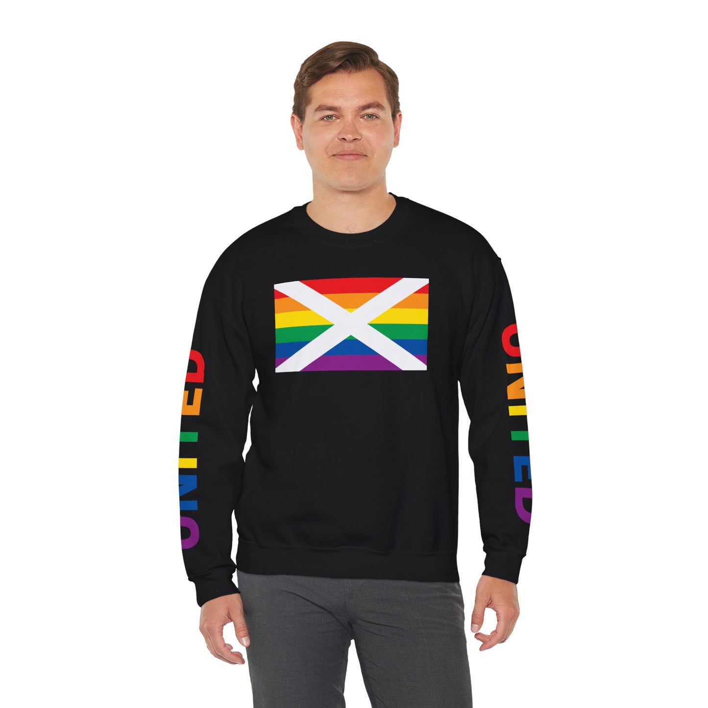 Alabama Rainbow Pride Flag, "UNITED" Rainbow Printed Sleeve Design, Unisex Crewneck Sweatshirt