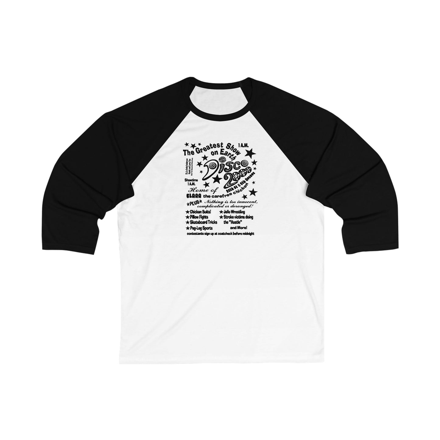 The Greatest Show on Earth DISCO 2000 Baseball Tee - Blue, Red, Black sleeves; White with Black Deco