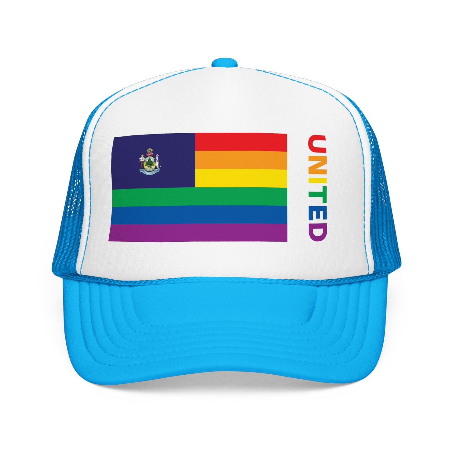 Maine Rainbow Pride Flag "UNITED" Printed Foam Trucker Hat, Several Color Options