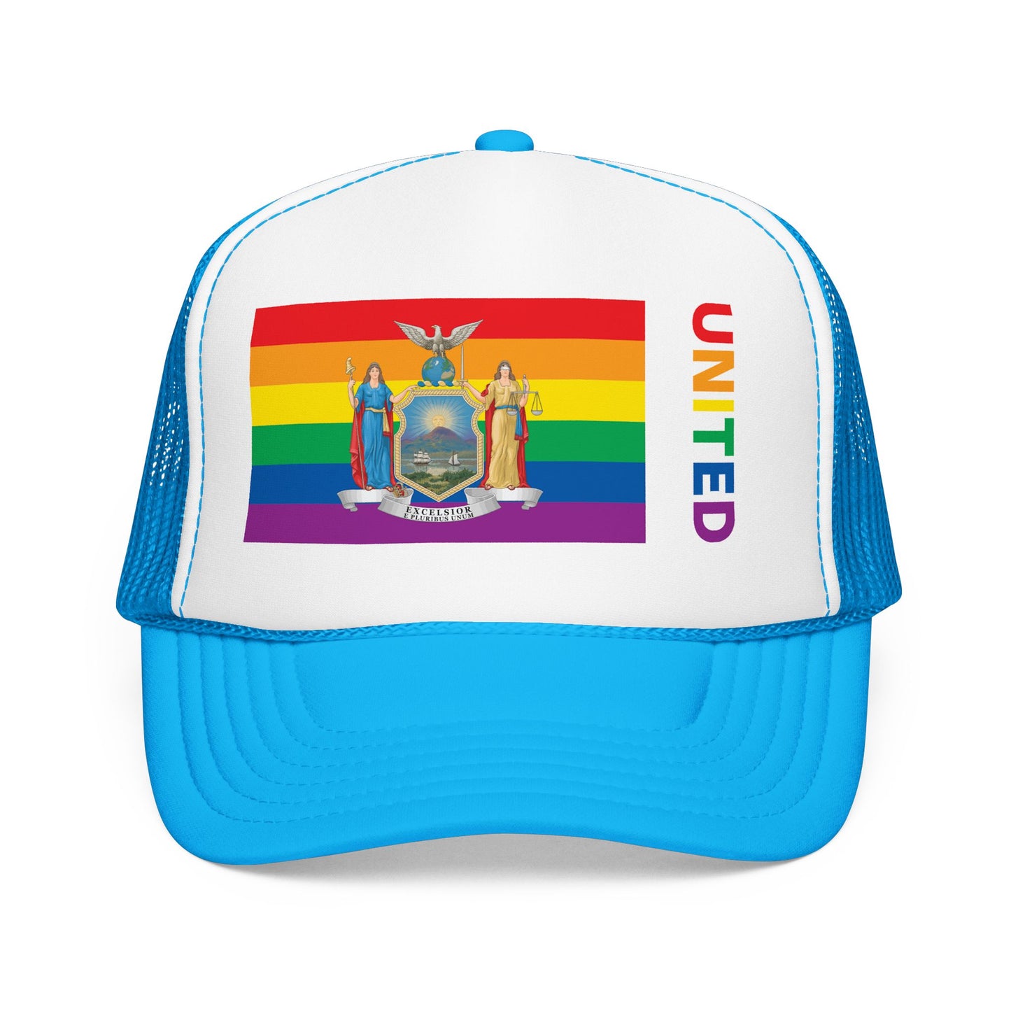 New York Rainbow Pride Flag "UNITED" Printed Foam Trucker Hat, Several Color Options