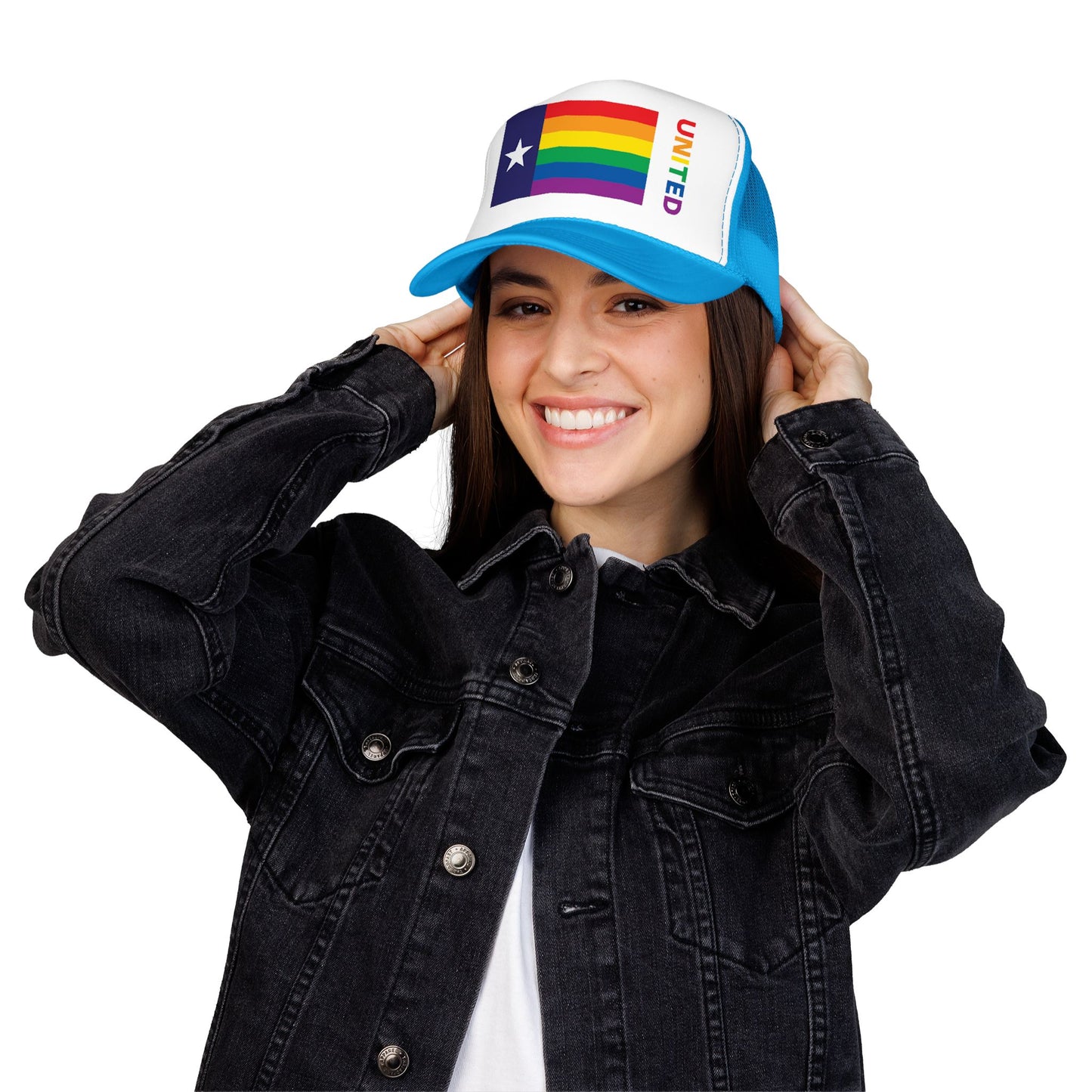 Texas Rainbow Pride Flag "UNITED" Printed Foam Trucker Hat, Several Color Options