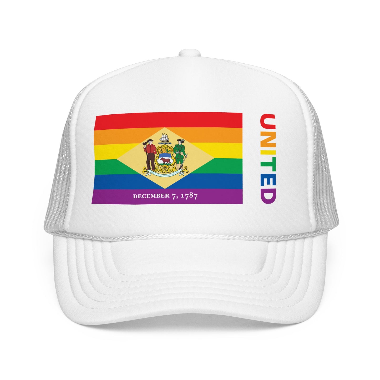 Delaware Rainbow Pride Flag "UNITED" Printed Foam Trucker Hat, Several Color Options