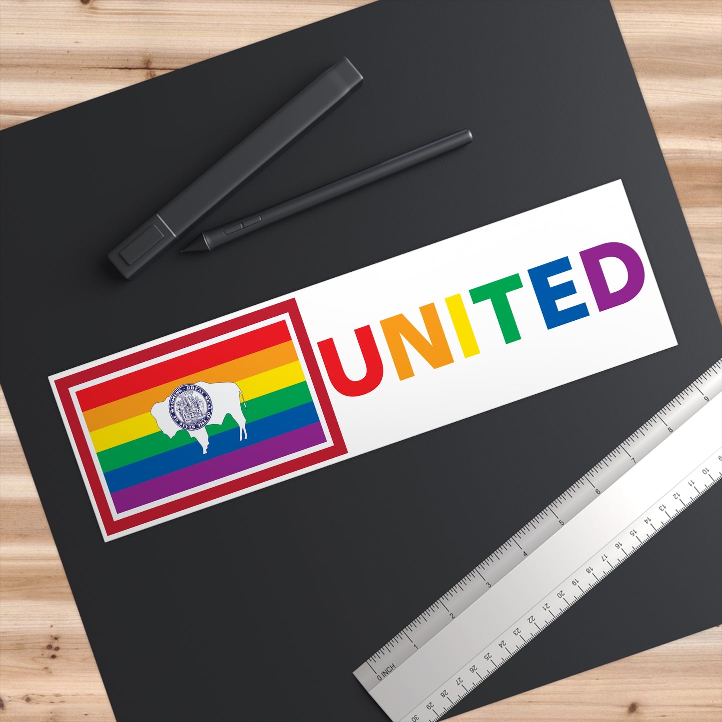 Wyoming Rainbow Pride Flag "UNITED" Bumper Sticker