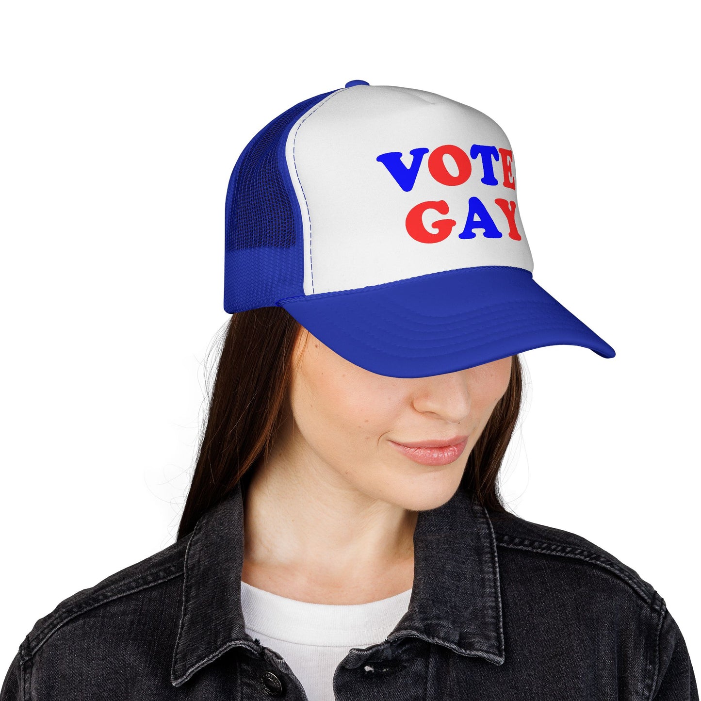 VOTE GAY Trucker Cap: Red, White & Blue — LGBTQIA+ Rights & Equality Statement Hat