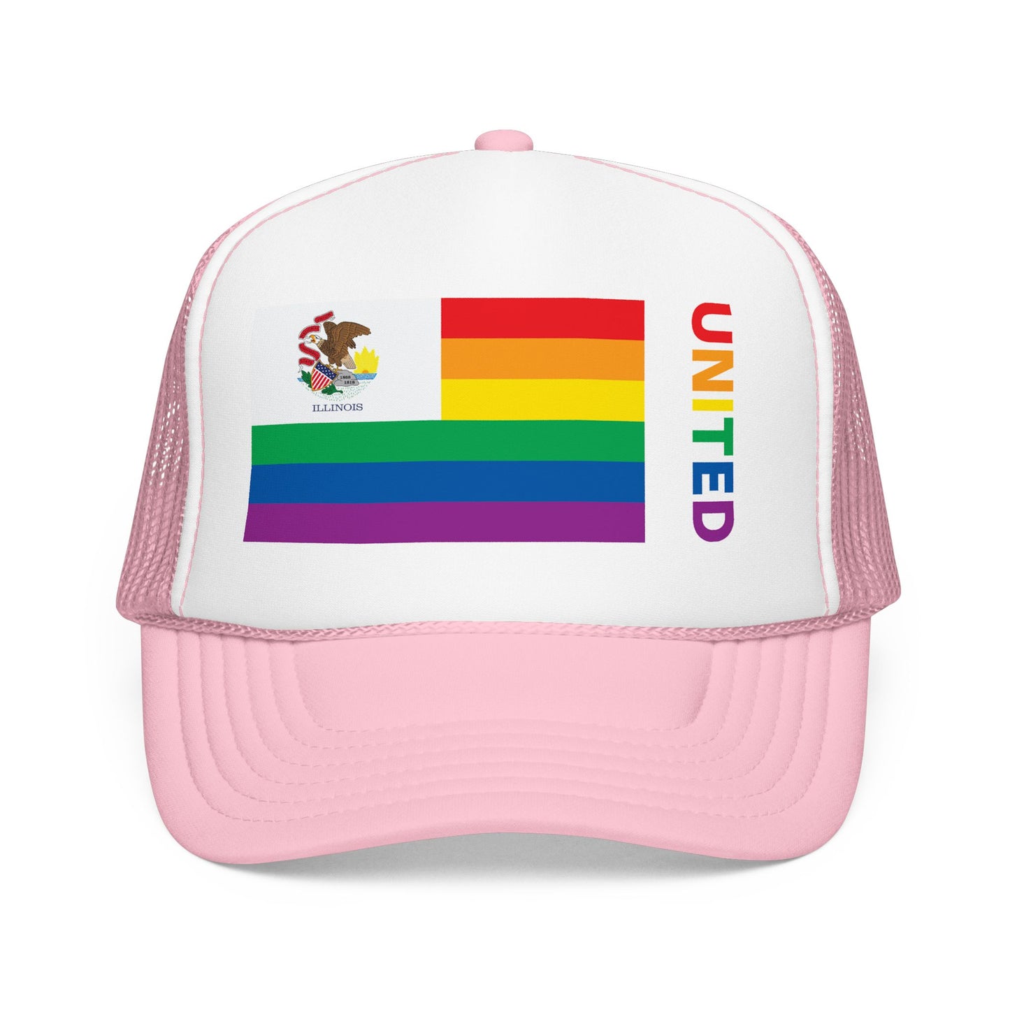Illinois Rainbow Pride Flag "UNITED" Printed Foam Trucker Hat, Several Color Options