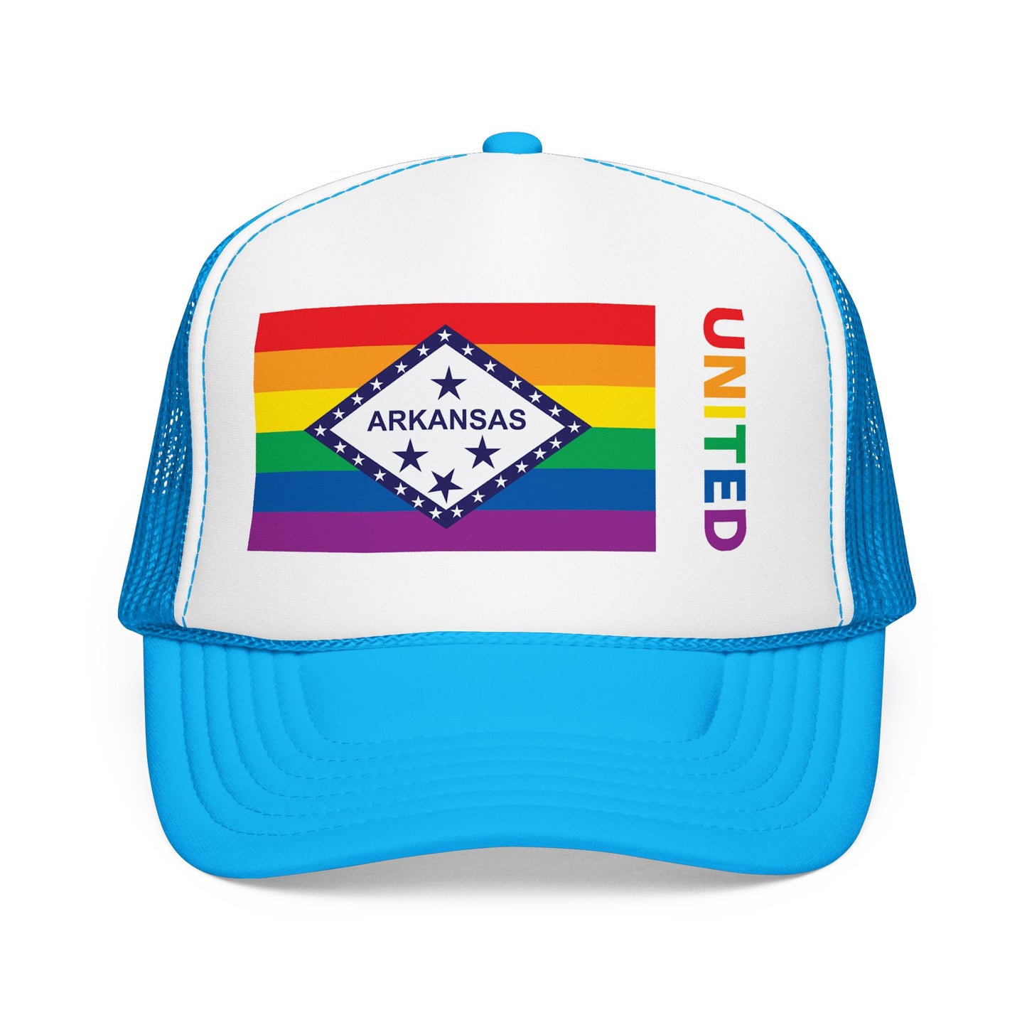 Arkansas Rainbow Pride Flag "UNITED" Printed Foam Trucker Hat, Several Color Options