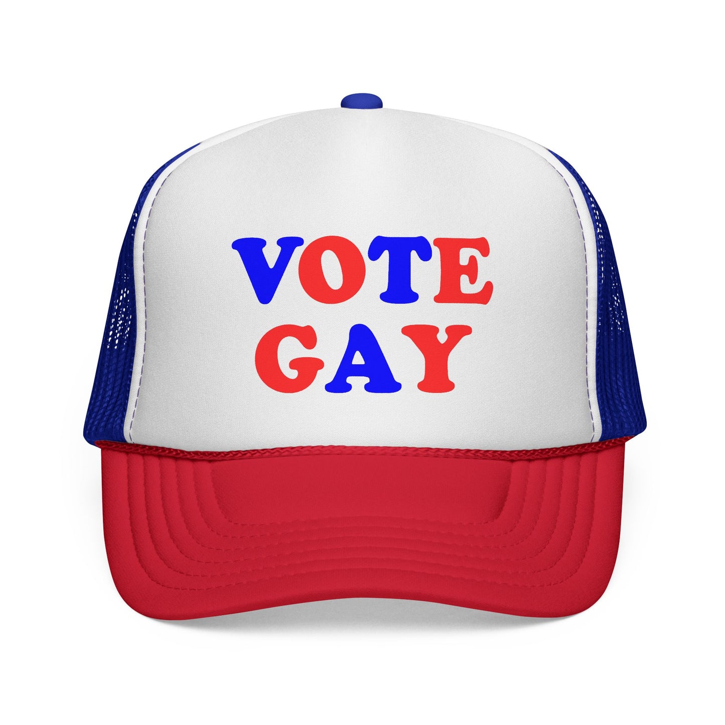 VOTE GAY Trucker Cap: Red, White & Blue — LGBTQIA+ Rights & Equality Statement Hat