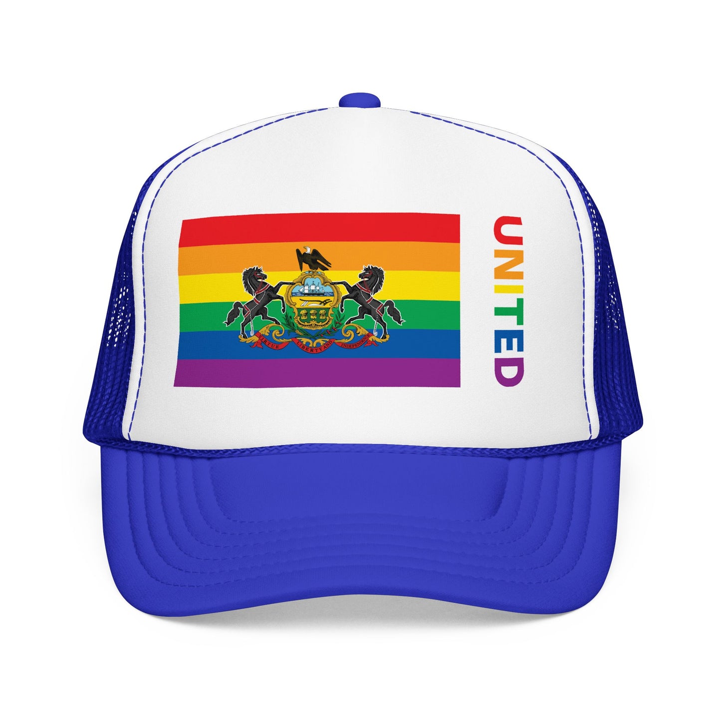 Pennsylvania Rainbow Pride Flag "UNITED" Printed Foam Trucker Hat, Several Color Options