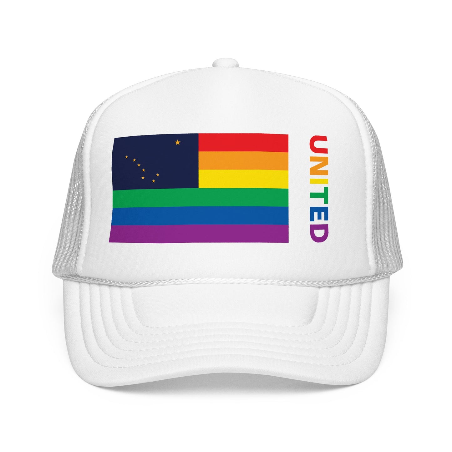 Alaska Rainbow Pride Flag "UNITED" Printed Foam Trucker Hat, Several Color Options