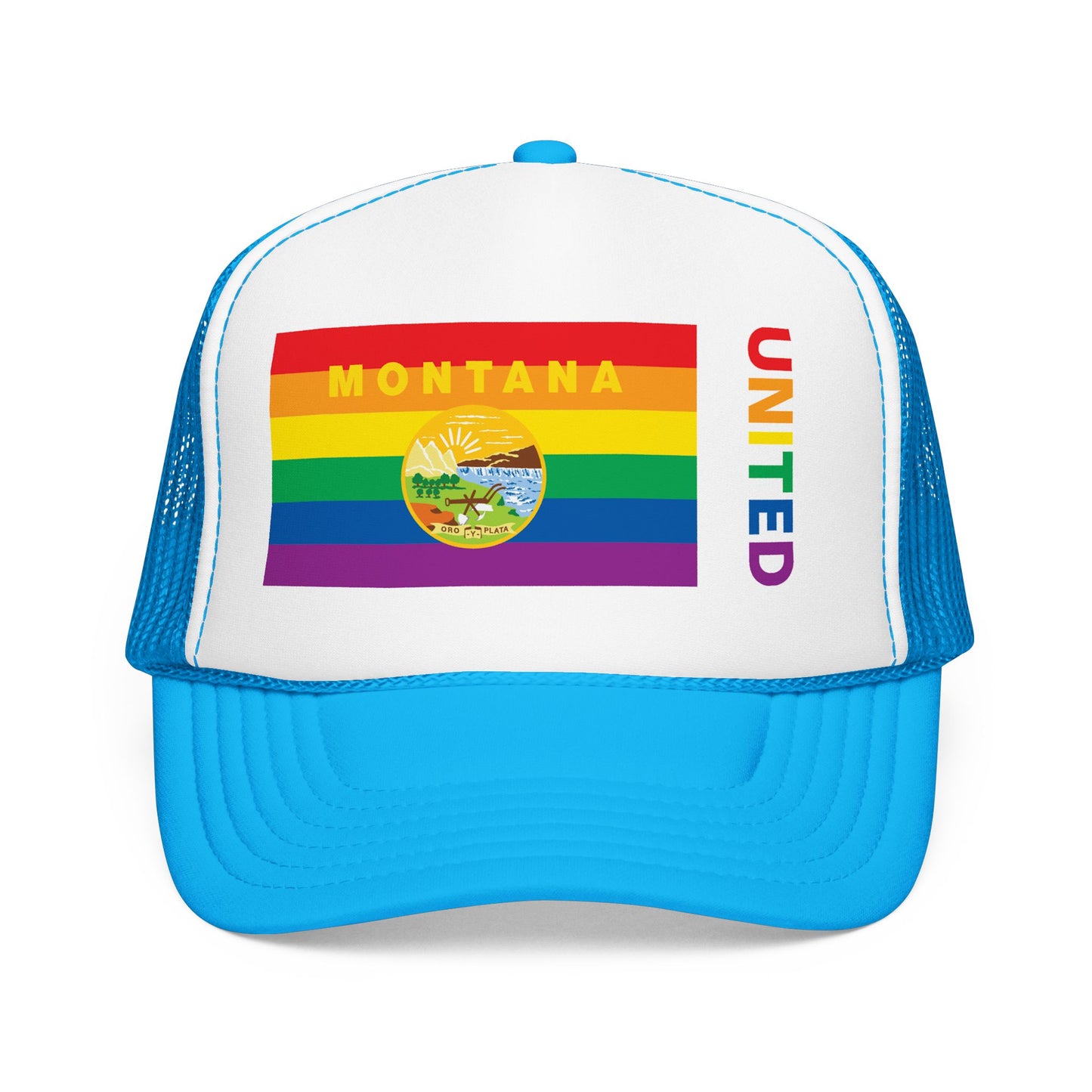 Montana Rainbow Pride Flag "UNITED" Printed Foam Trucker Hat, Several Color Options