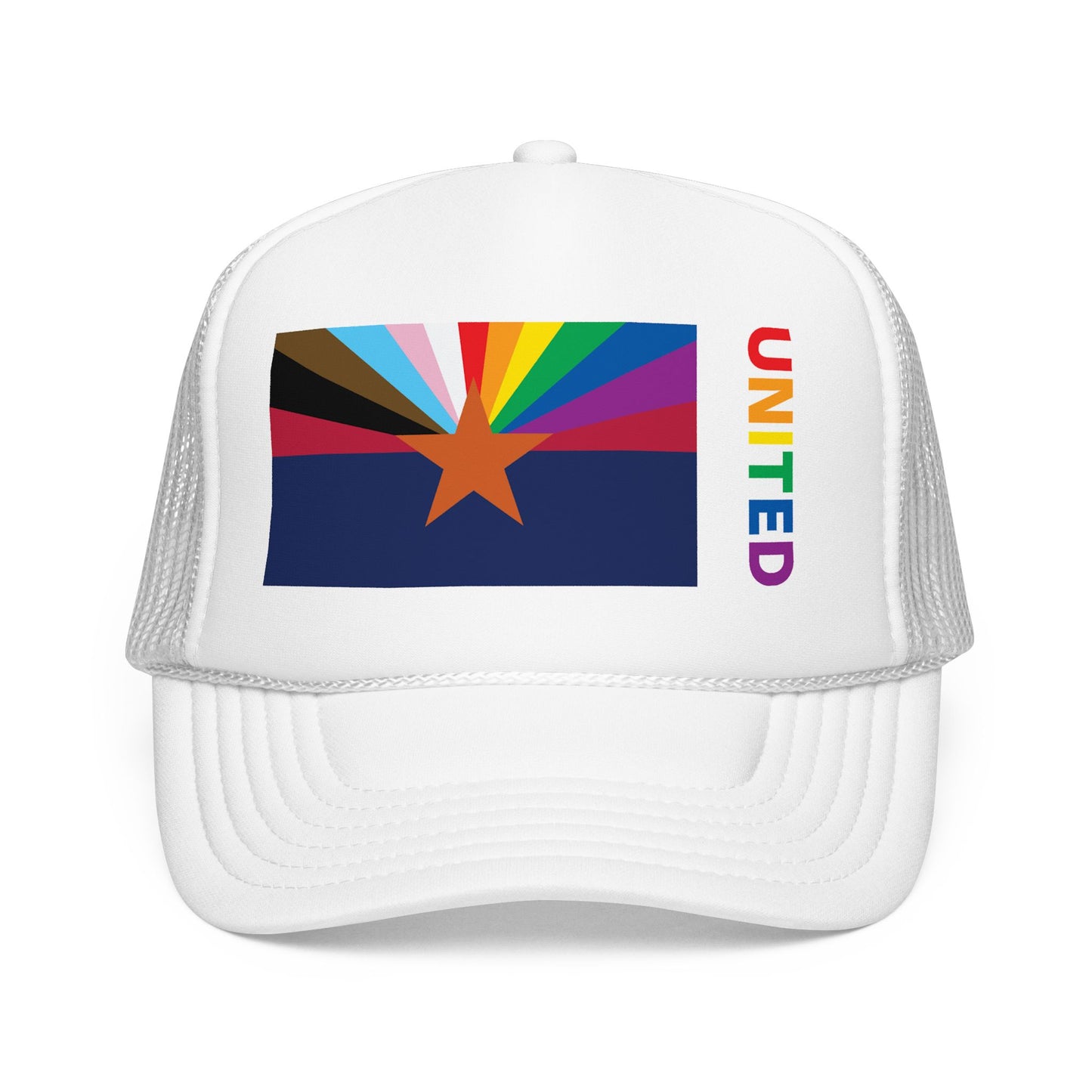 Arizona Rainbow Pride Flag "UNITED" Printed Foam Trucker Hat, Several Color Options
