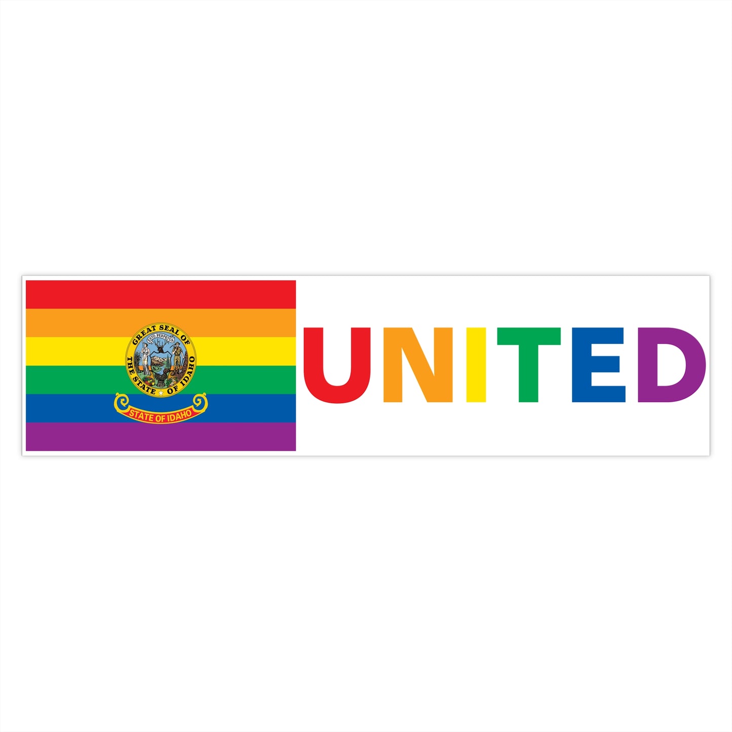 Idaho Rainbow Pride Flag "UNITED" Bumper Sticker