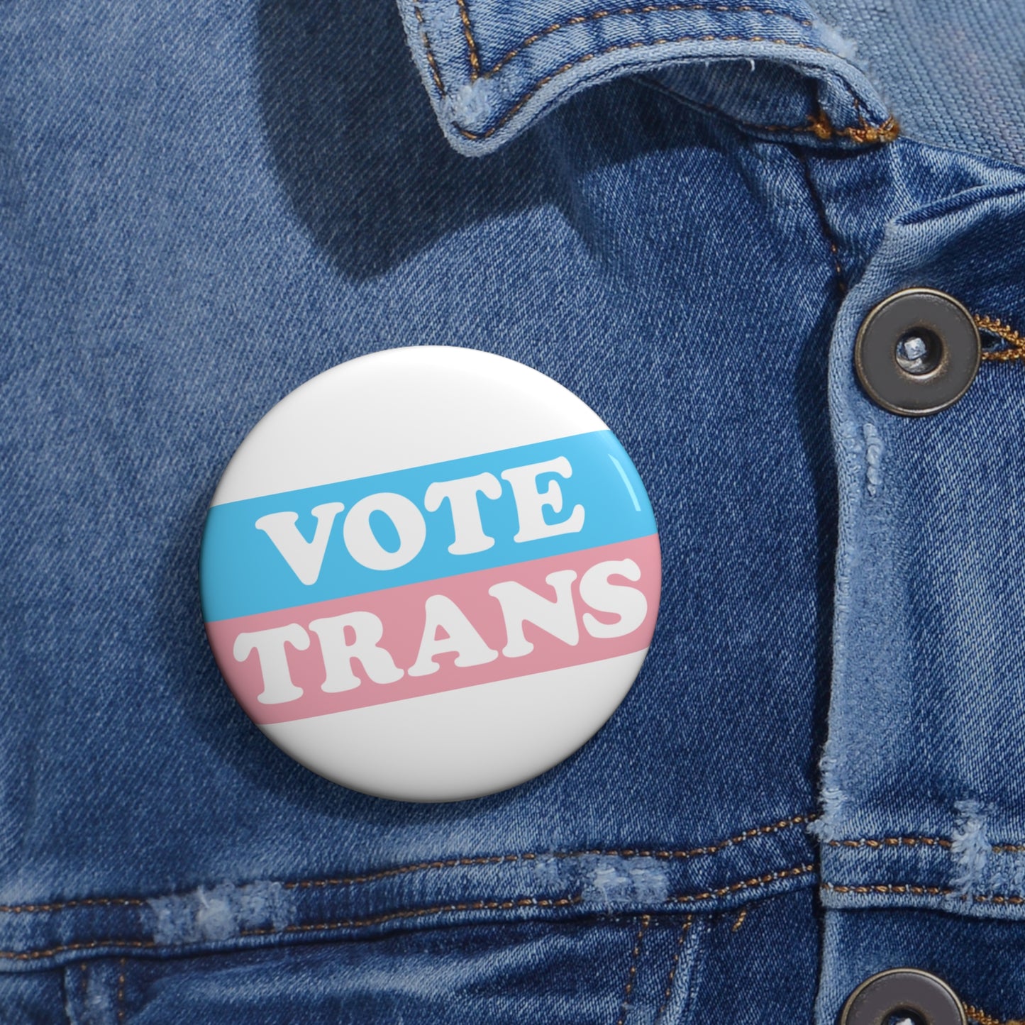 VOTE TRANS Activism Pin Button, White on Transgender Pride Colors