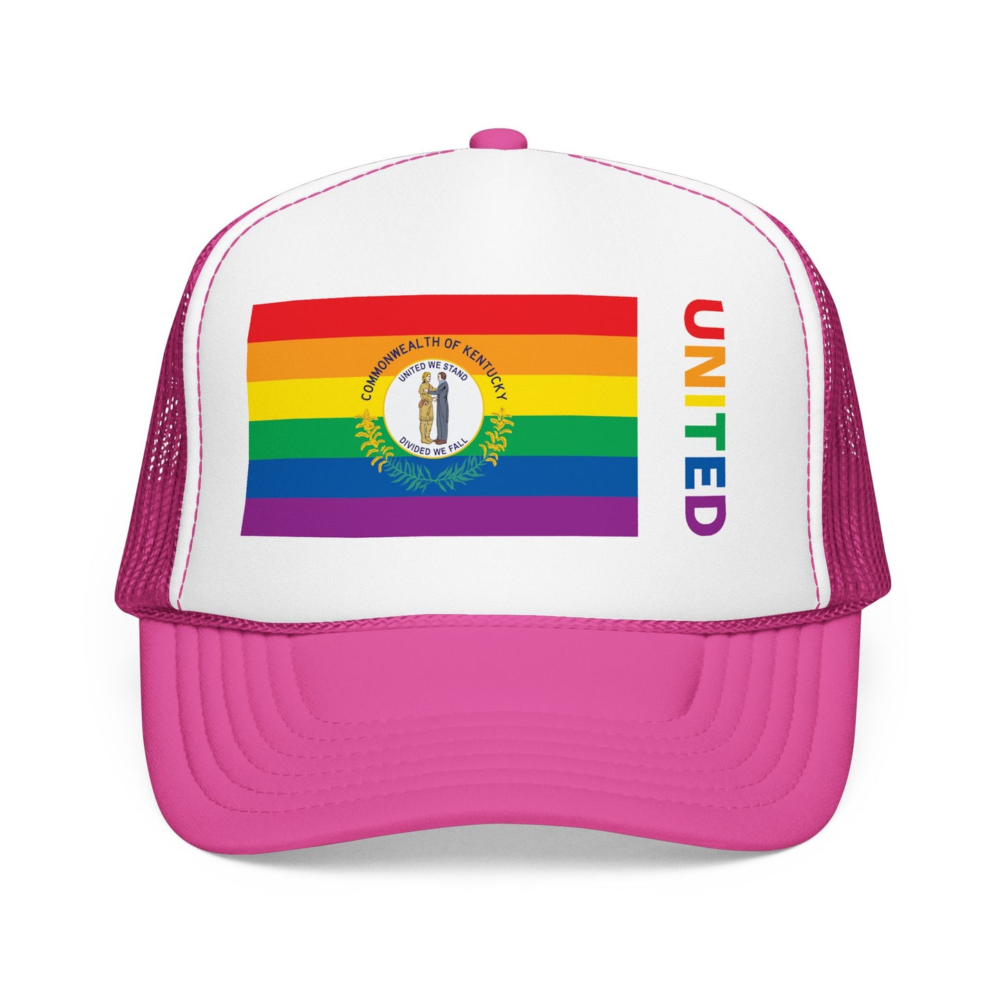 Kentucky Rainbow Pride Flag "UNITED" Printed Foam Trucker Hat, Several Color Options