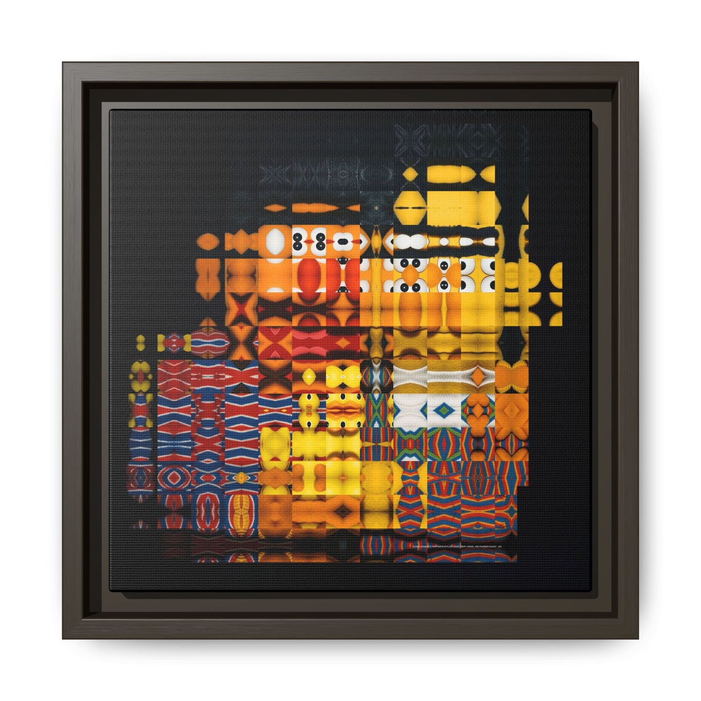 Iconic Domestic Partners in Plain Sight: Bert, Ernie, and Rubber Ducky Abstract Portrait Collage Art — Matte Canvas, Framed (Multi-color options)