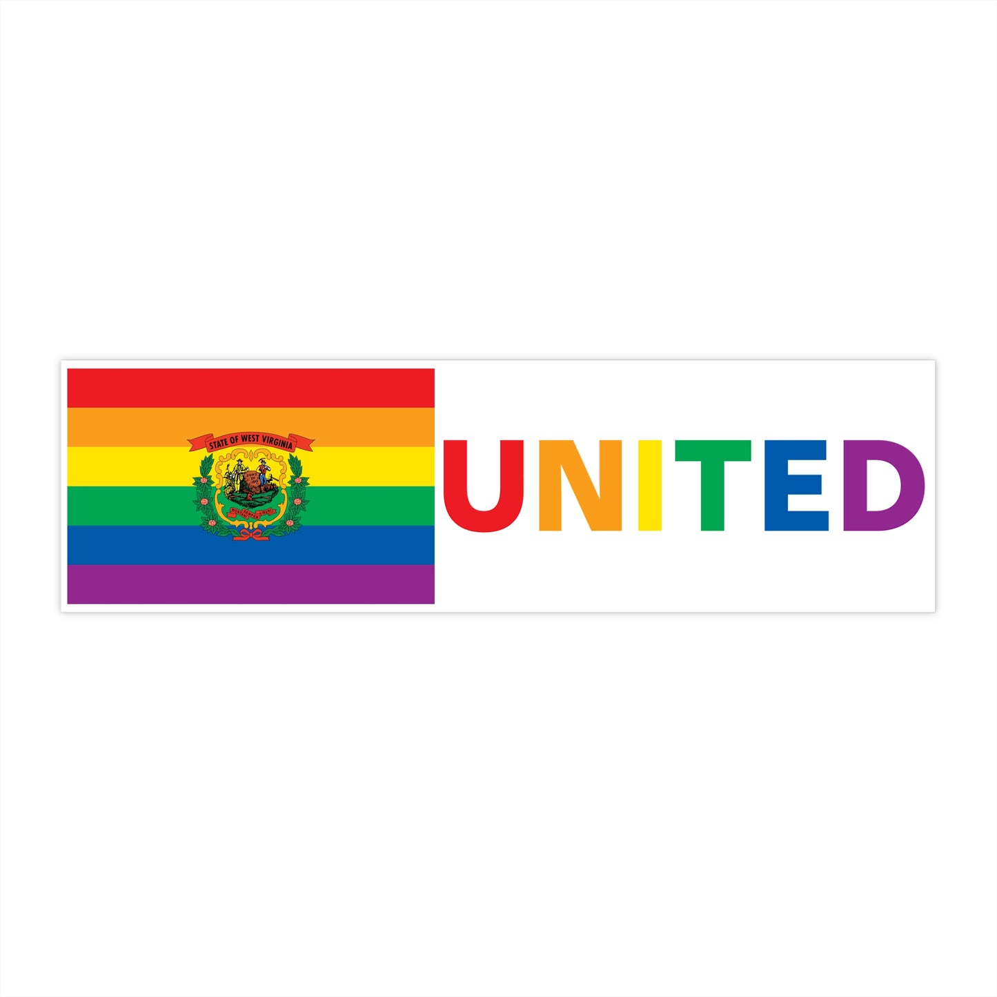 West Virginia Rainbow Pride Flag "UNITED" Bumper Sticker
