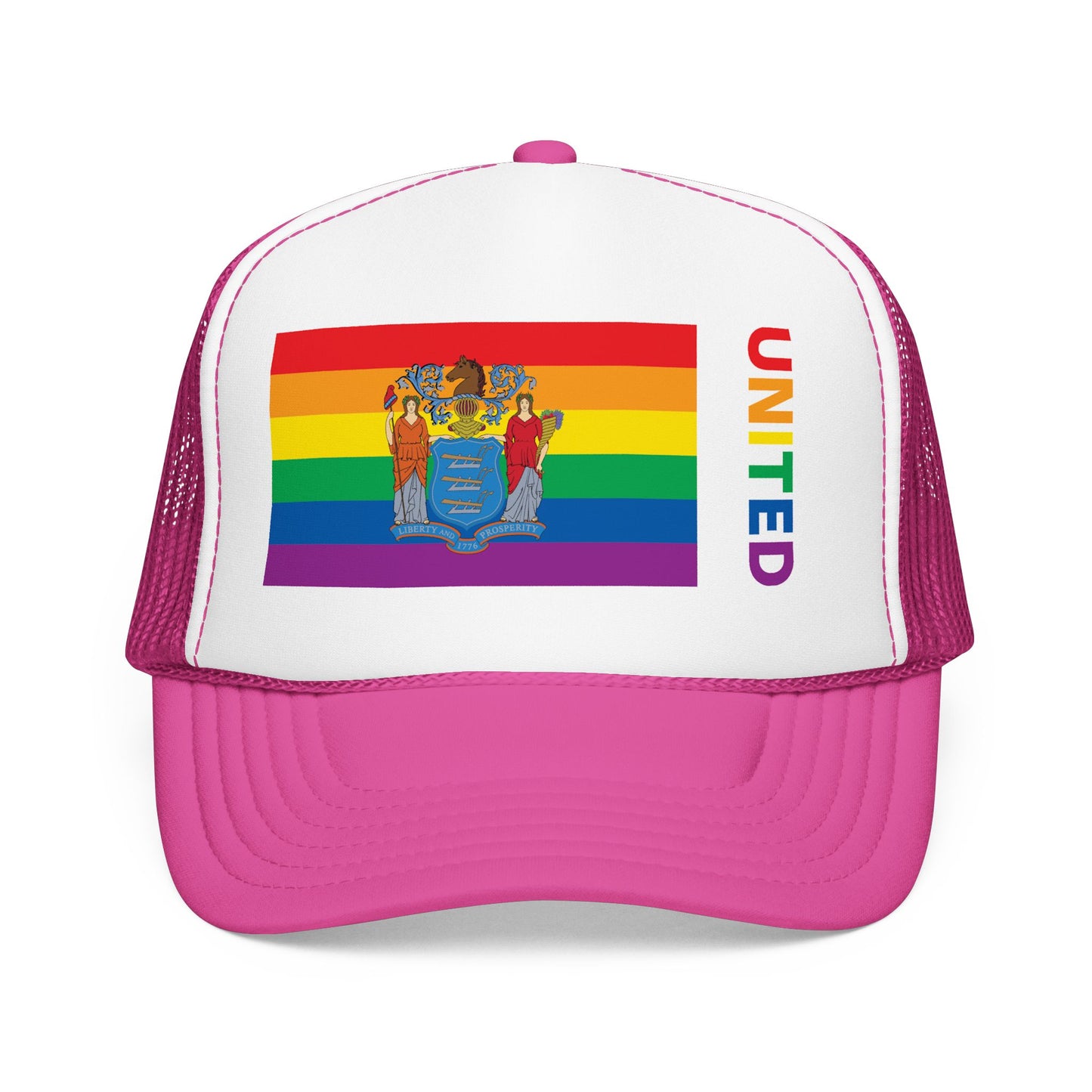 New Jersey Rainbow Pride Flag "UNITED" Printed Foam Trucker Hat, Several Color Options