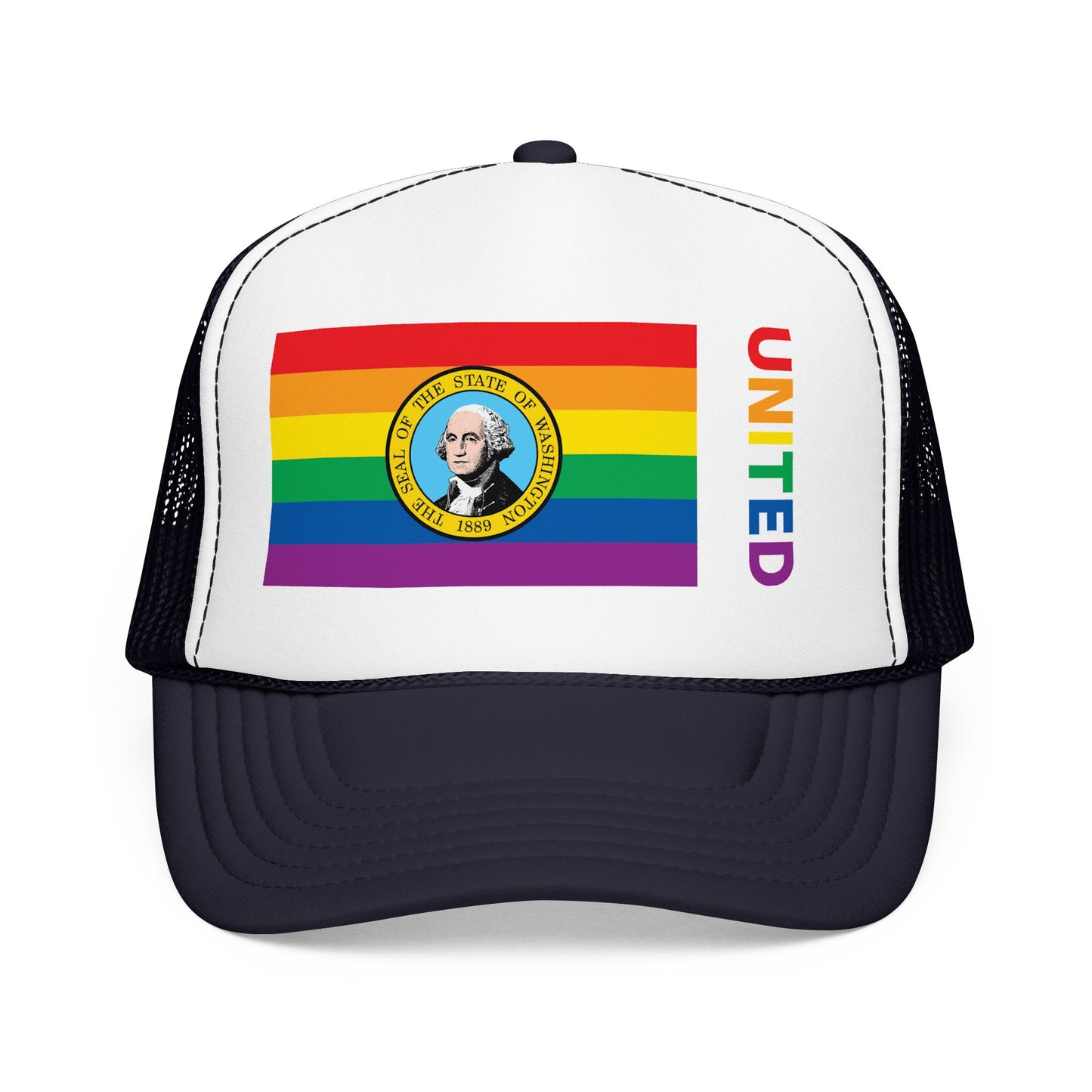 Washington Rainbow Pride Flag "UNITED" Printed Foam Trucker Hat, Several Color Options