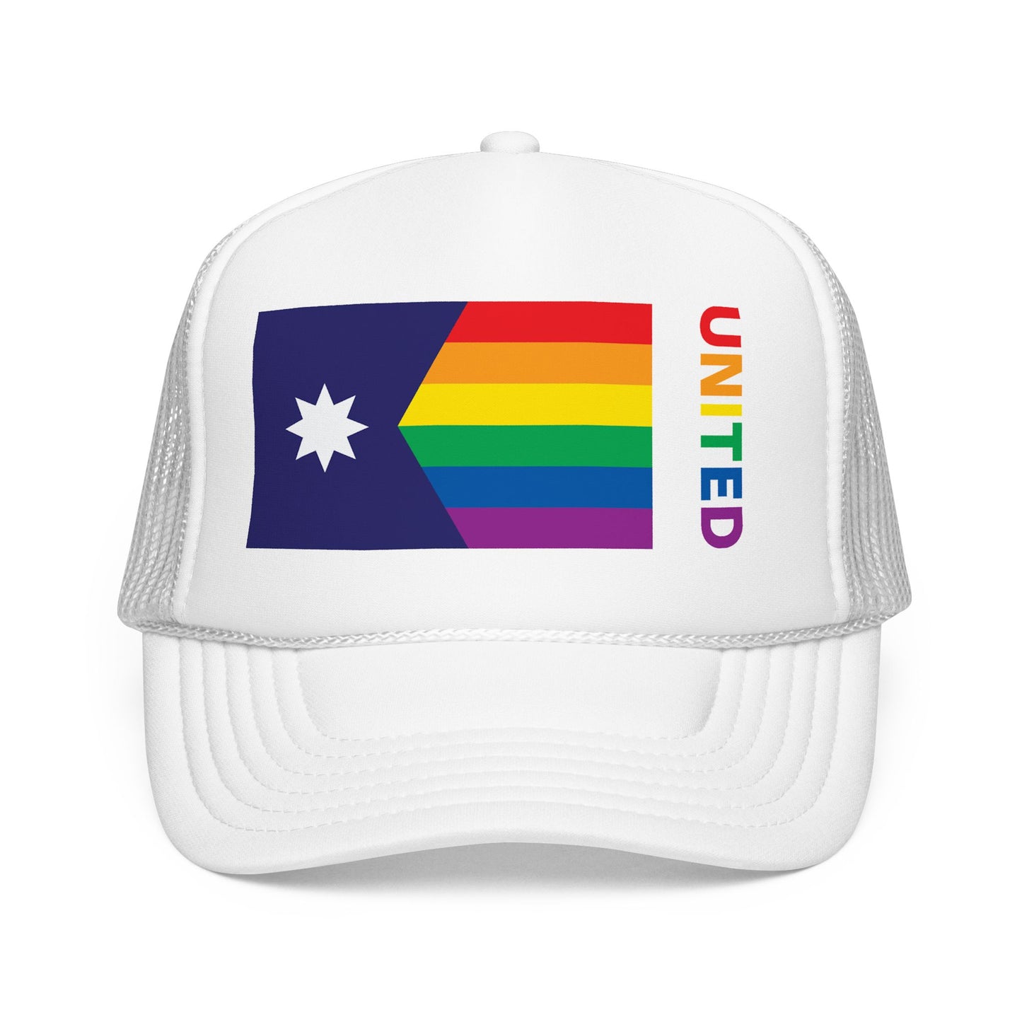 Minnesota Rainbow Pride Flag "UNITED" Printed Foam Trucker Hat, Several Color Options