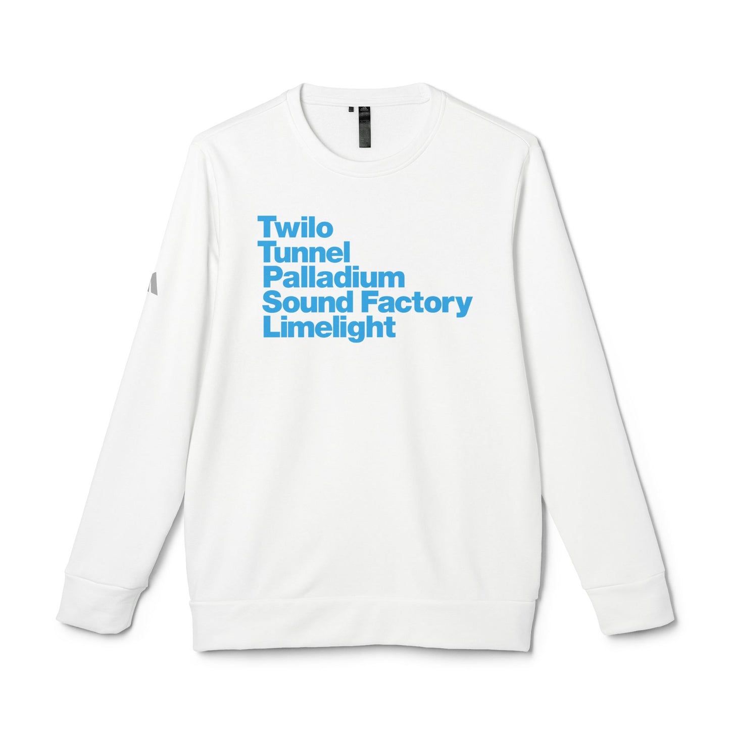 Twilo Tunnel Limelight Palladium Sound Factory Adidas Fleece Crewneck Sweatshirt - NYC 90s Nightlife Collection - Cyan Deco on White