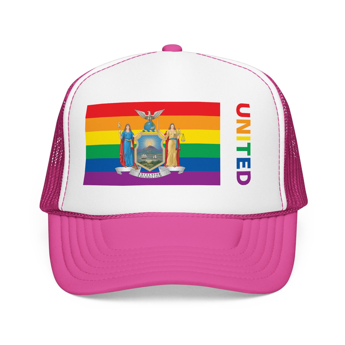 New York Rainbow Pride Flag "UNITED" Printed Foam Trucker Hat, Several Color Options