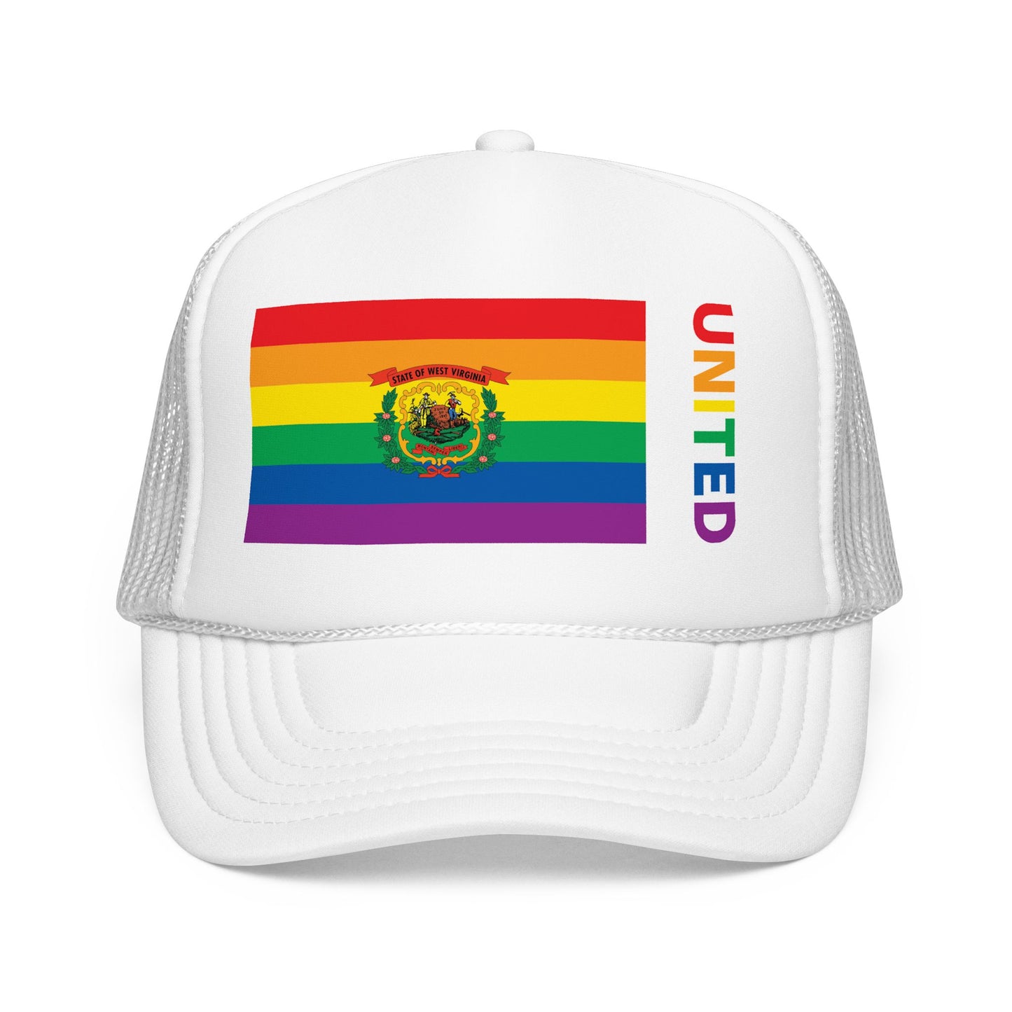 West Virginia Rainbow Pride Flag "UNITED" Printed Foam Trucker Hat, Several Color Options