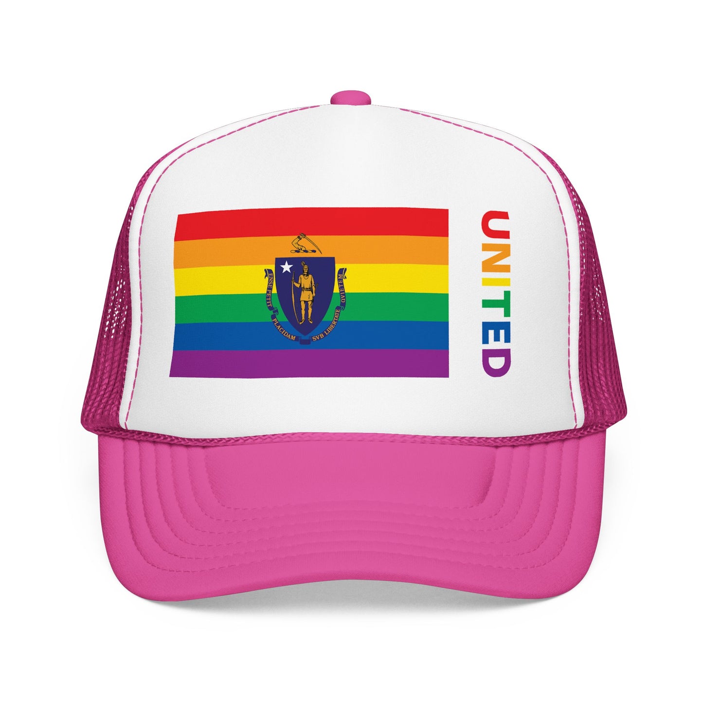 Massachusetts Rainbow Pride Flag "UNITED" Printed Foam Trucker Hat, Several Color Options