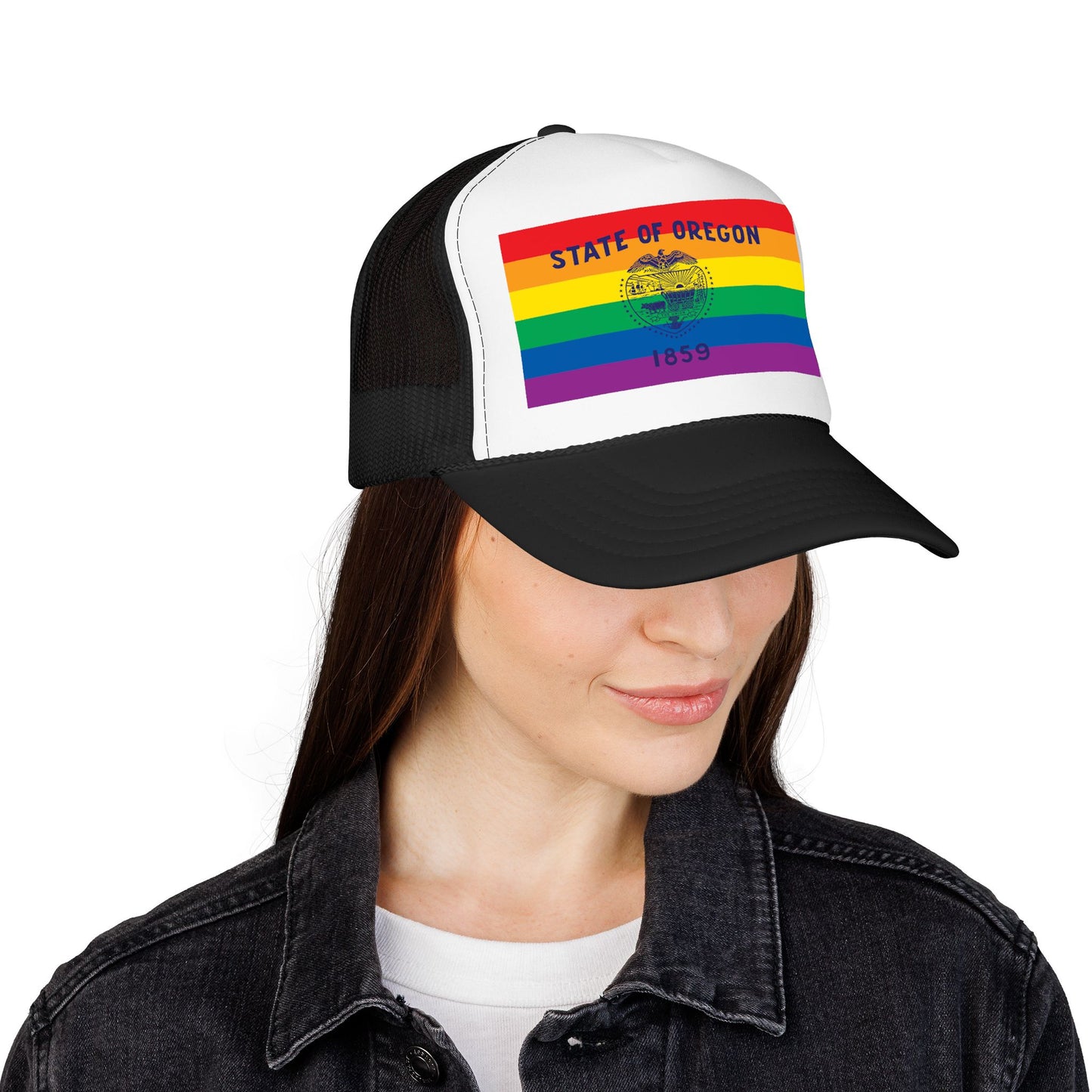 Oregon Rainbow Pride Flag "UNITED" Printed Foam Trucker Hat, Several Color Options