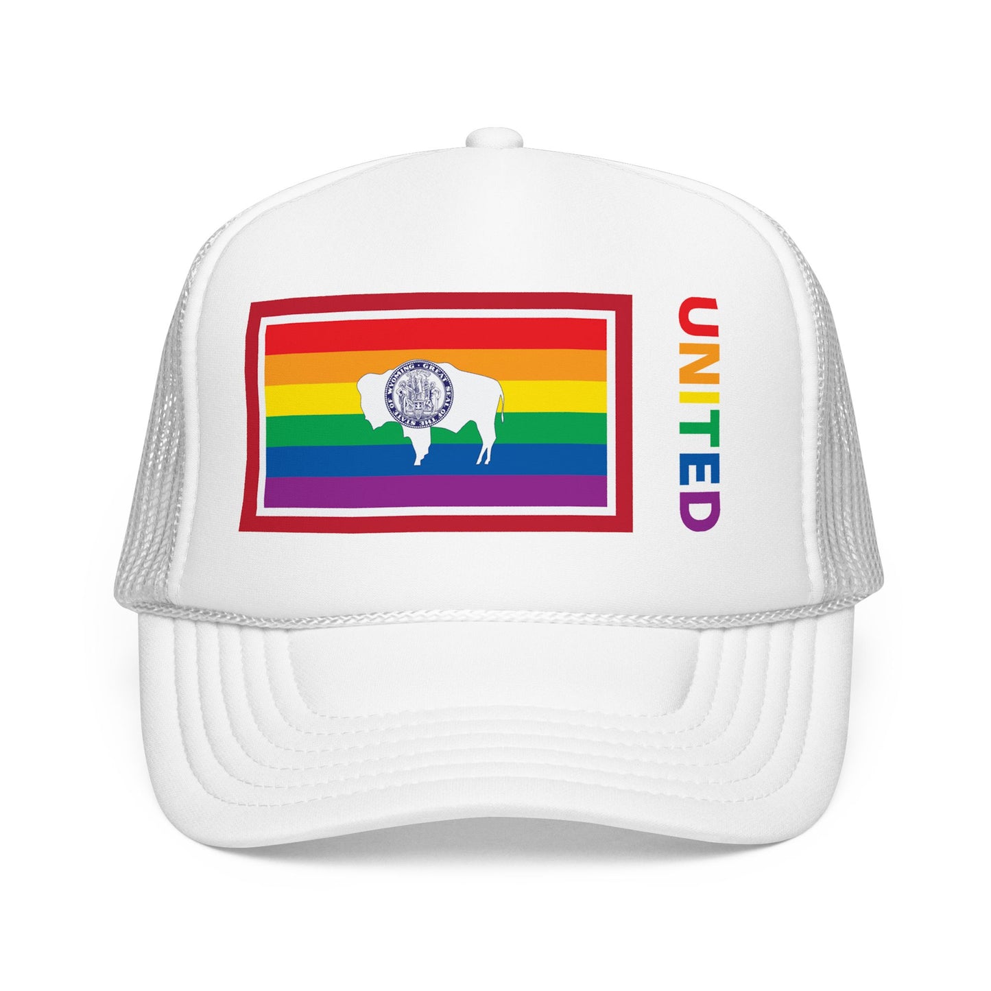 Wyoming Rainbow Pride Flag "UNITED" Printed Foam Trucker Hat, Several Color Options