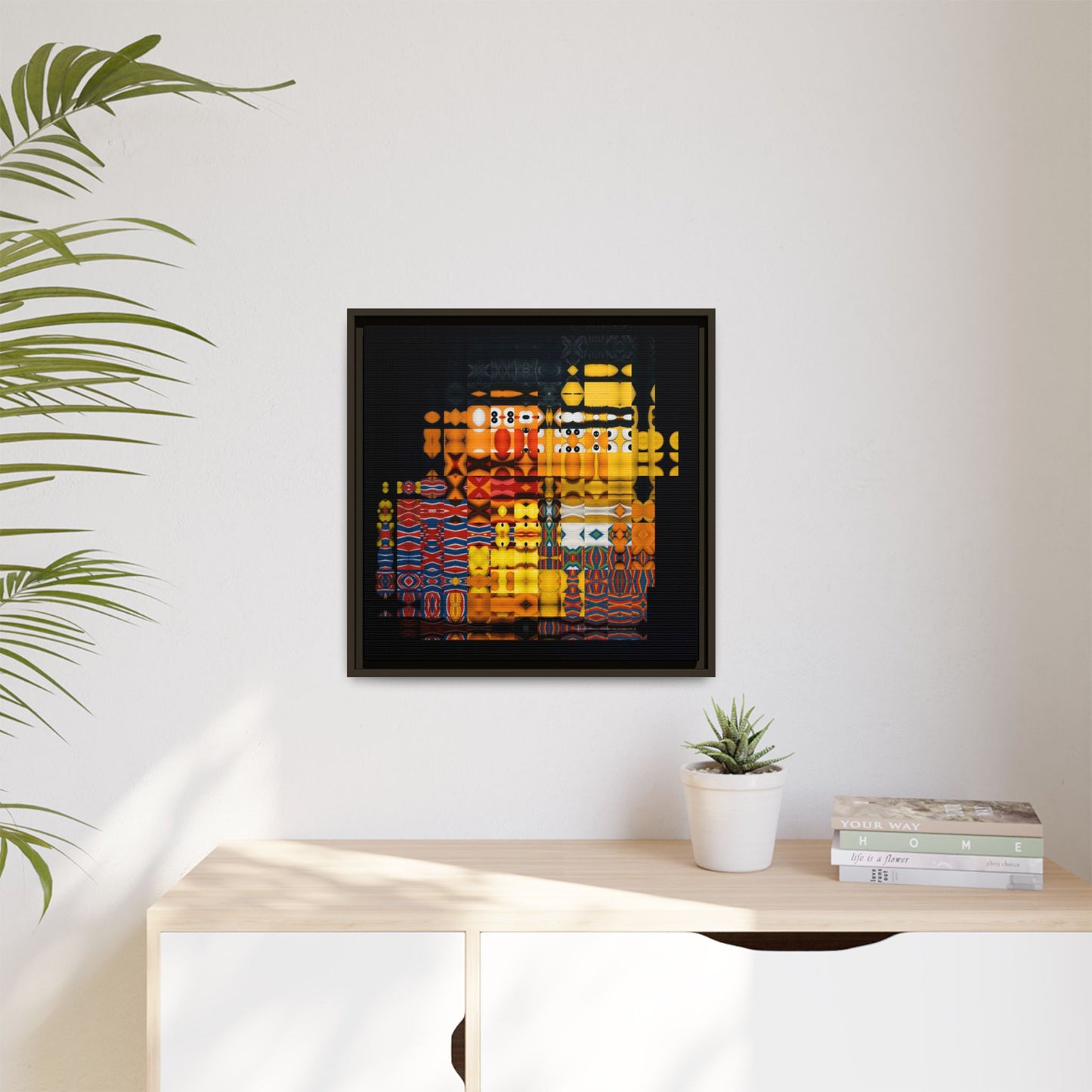 Iconic Domestic Partners in Plain Sight: Bert, Ernie, and Rubber Ducky Abstract Portrait Collage Art — Matte Canvas, Framed (Multi-color options)