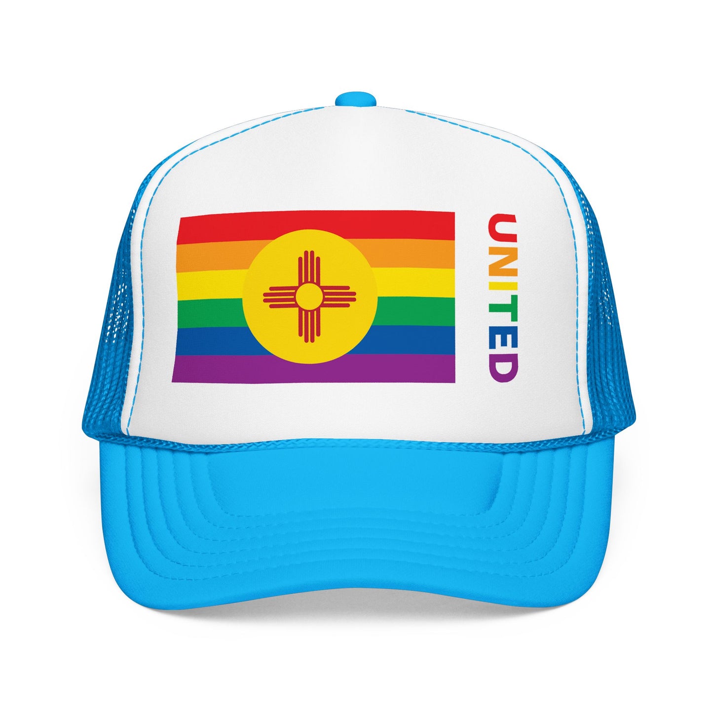 New Mexico Rainbow Pride Flag "UNITED" Printed Foam Trucker Hat, Several Color Options