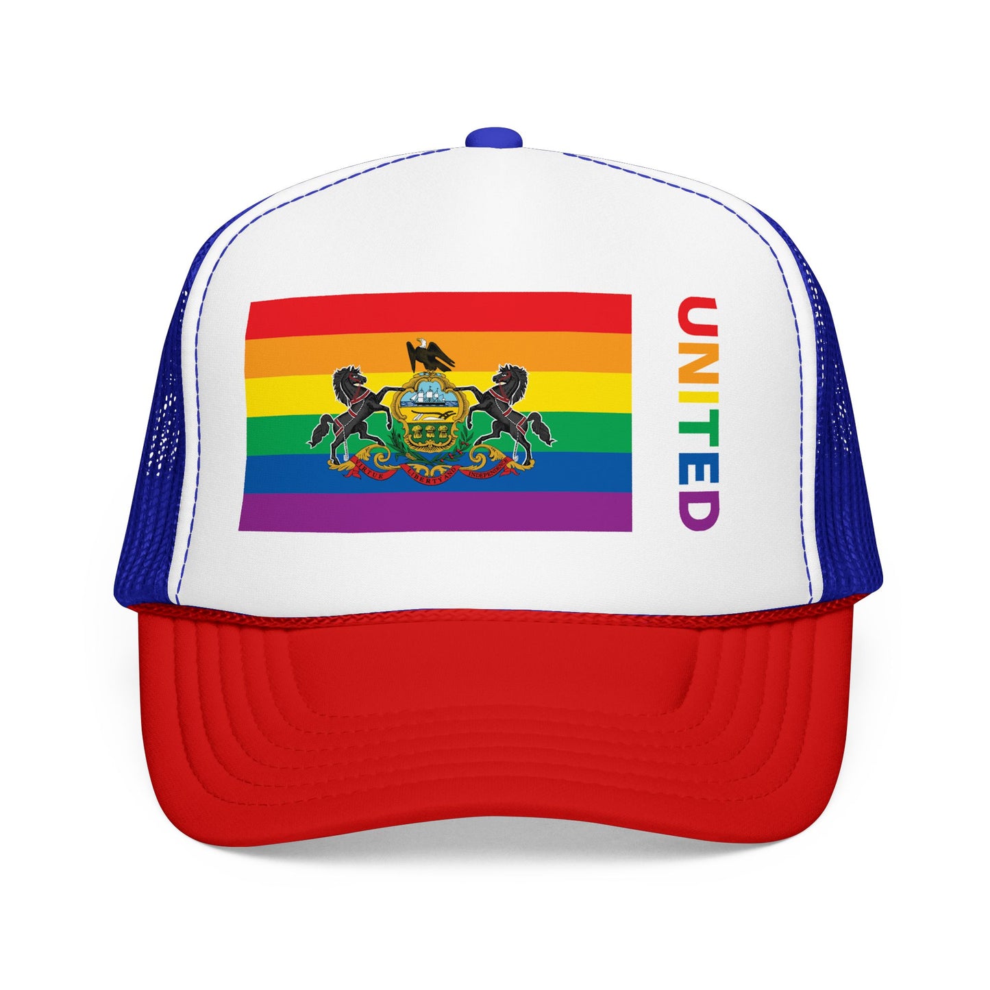 Pennsylvania Rainbow Pride Flag "UNITED" Printed Foam Trucker Hat, Several Color Options