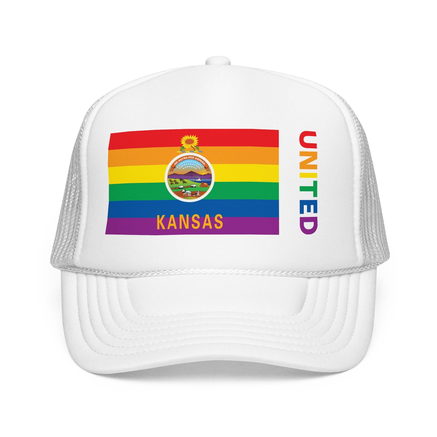 Kansas Rainbow Pride Flag "UNITED" Printed Foam Trucker Hat, Several Color Options