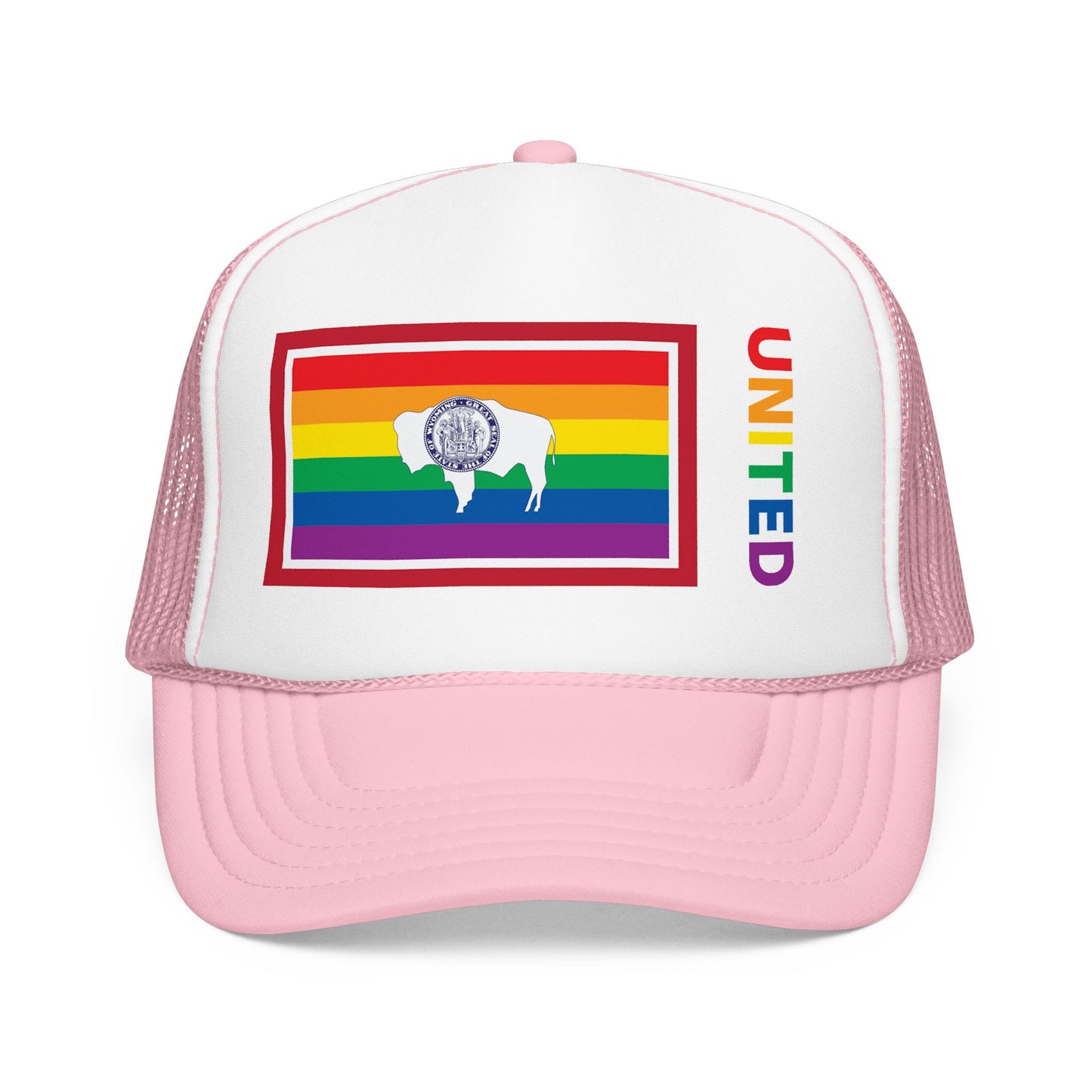 Wyoming Rainbow Pride Flag "UNITED" Printed Foam Trucker Hat, Several Color Options