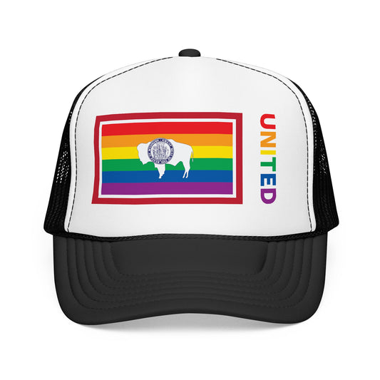 Wyoming Rainbow Pride Flag "UNITED" Printed Foam Trucker Hat, Several Color Options