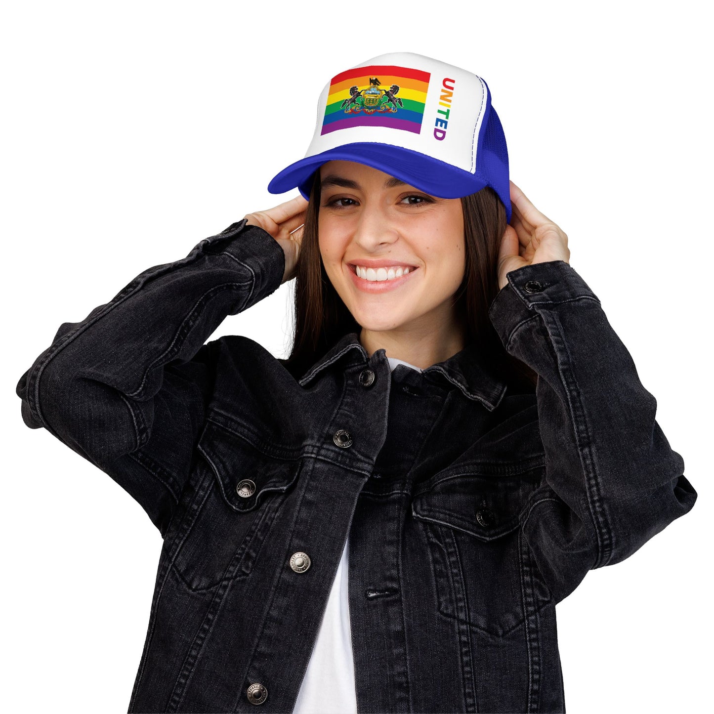 Pennsylvania Rainbow Pride Flag "UNITED" Printed Foam Trucker Hat, Several Color Options
