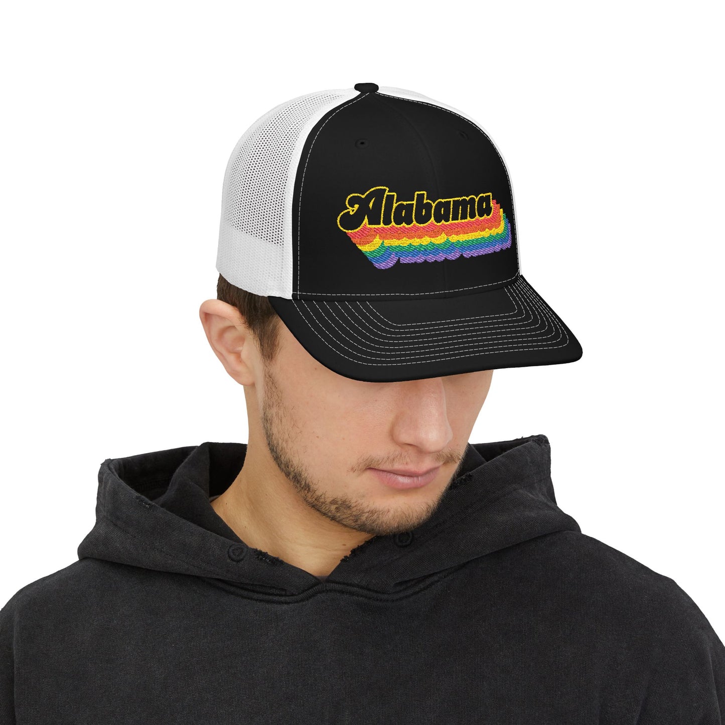 Alabama Retro Rainbow Stack Embroidered Trucker, Snapback Trucker Cap, Black front with White mesh in back