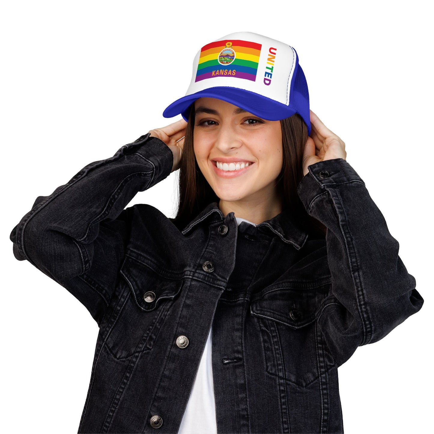 Kansas Rainbow Pride Flag "UNITED" Printed Foam Trucker Hat, Several Color Options