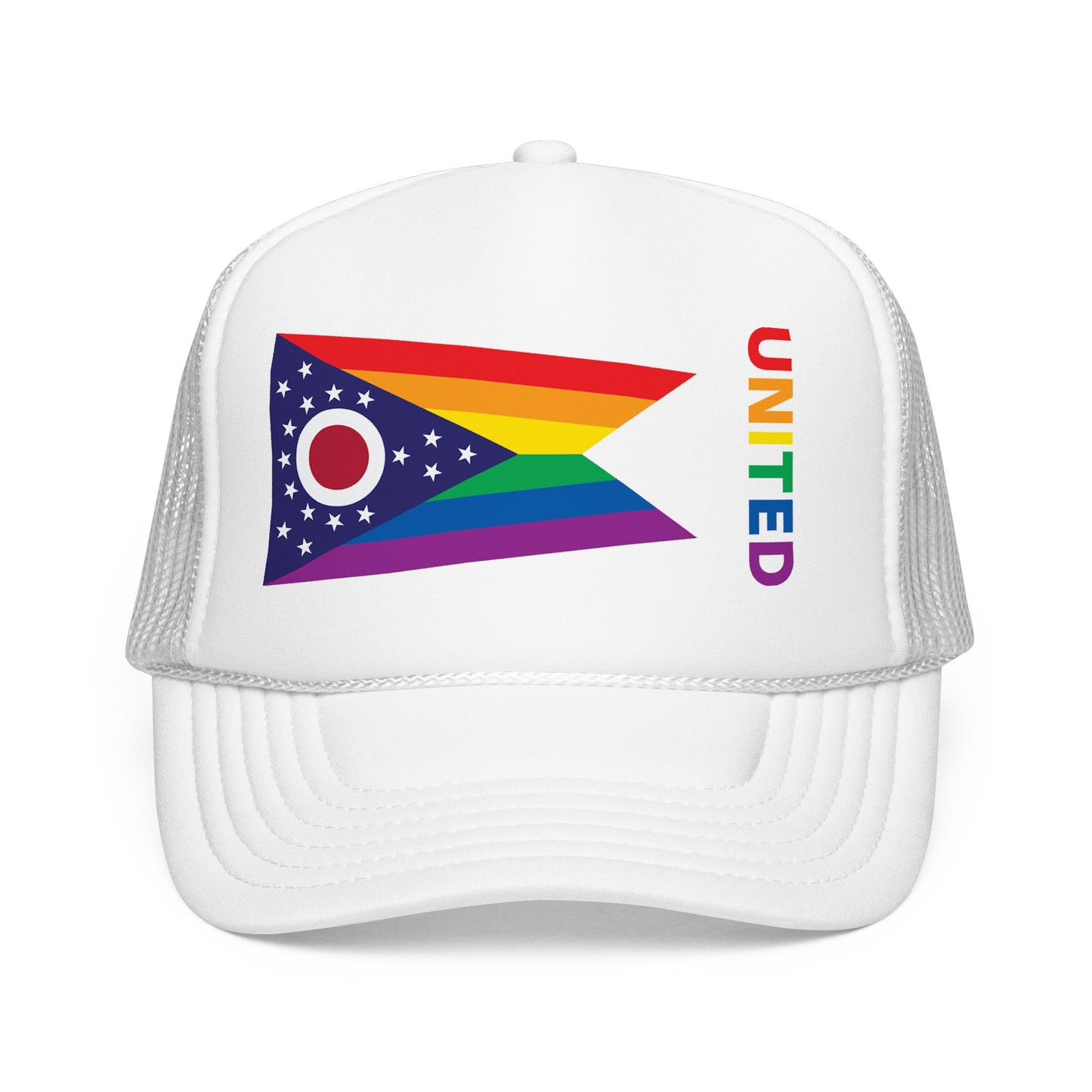 Ohio Rainbow Pride Flag "UNITED" Printed Foam Trucker Hat, Several Color Options