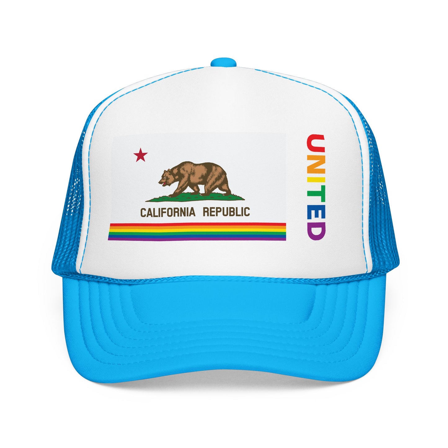 California Rainbow Pride Flag "UNITED" Printed Foam Trucker Hat, Several Color Options