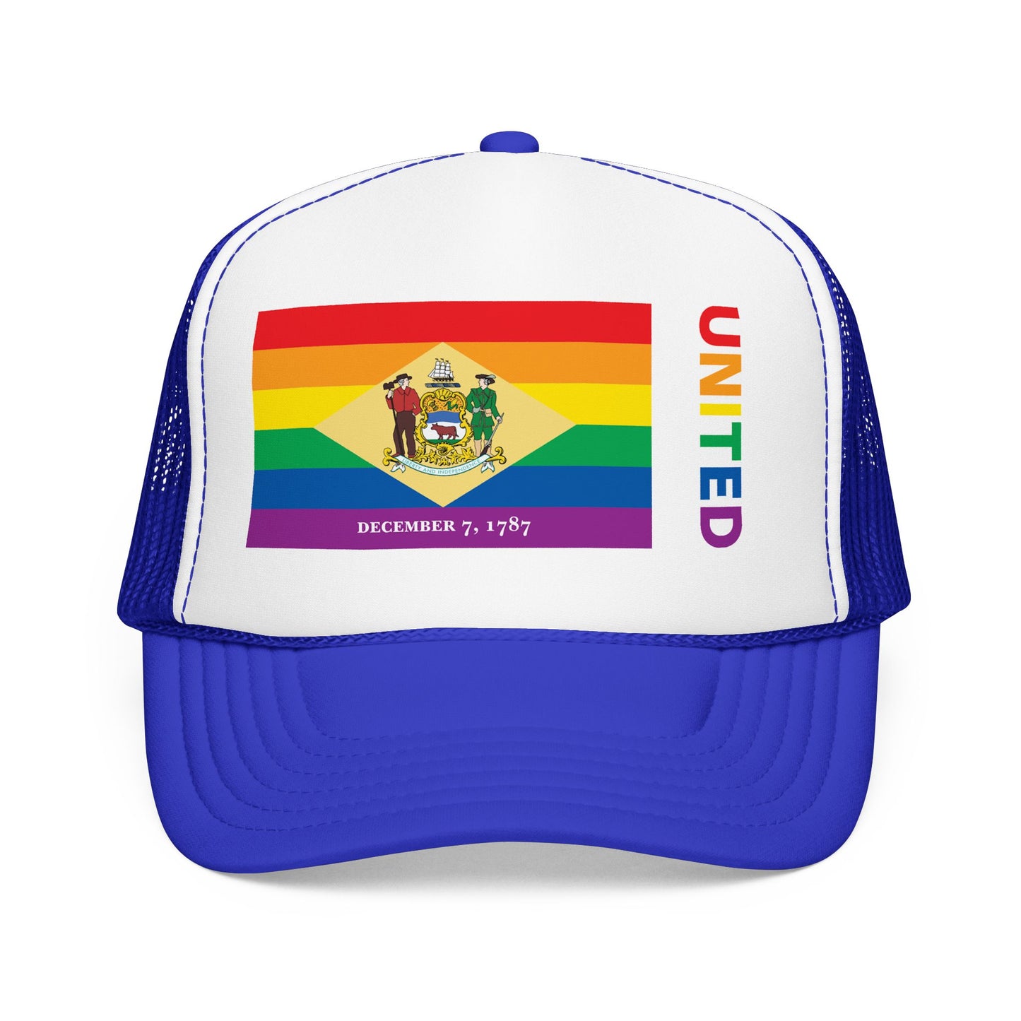 Delaware Rainbow Pride Flag "UNITED" Printed Foam Trucker Hat, Several Color Options