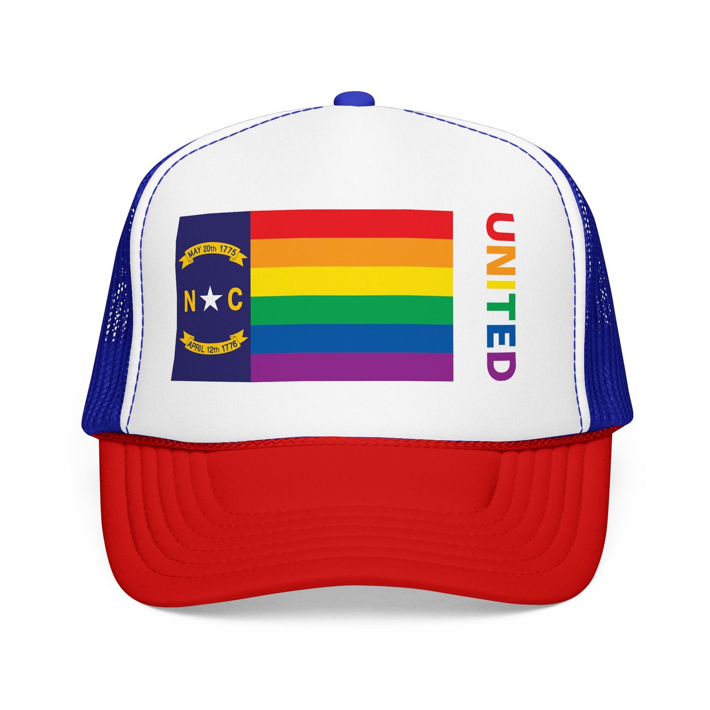 North Carolina Rainbow Pride Flag "UNITED" Printed Foam Trucker Hat, Several Color Options