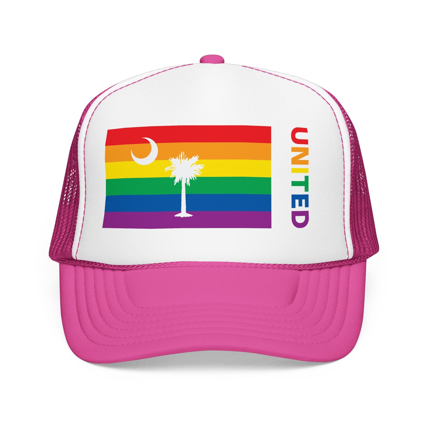 South Carolina Rainbow Pride Flag "UNITED" Printed Foam Trucker Hat, Several Color Options
