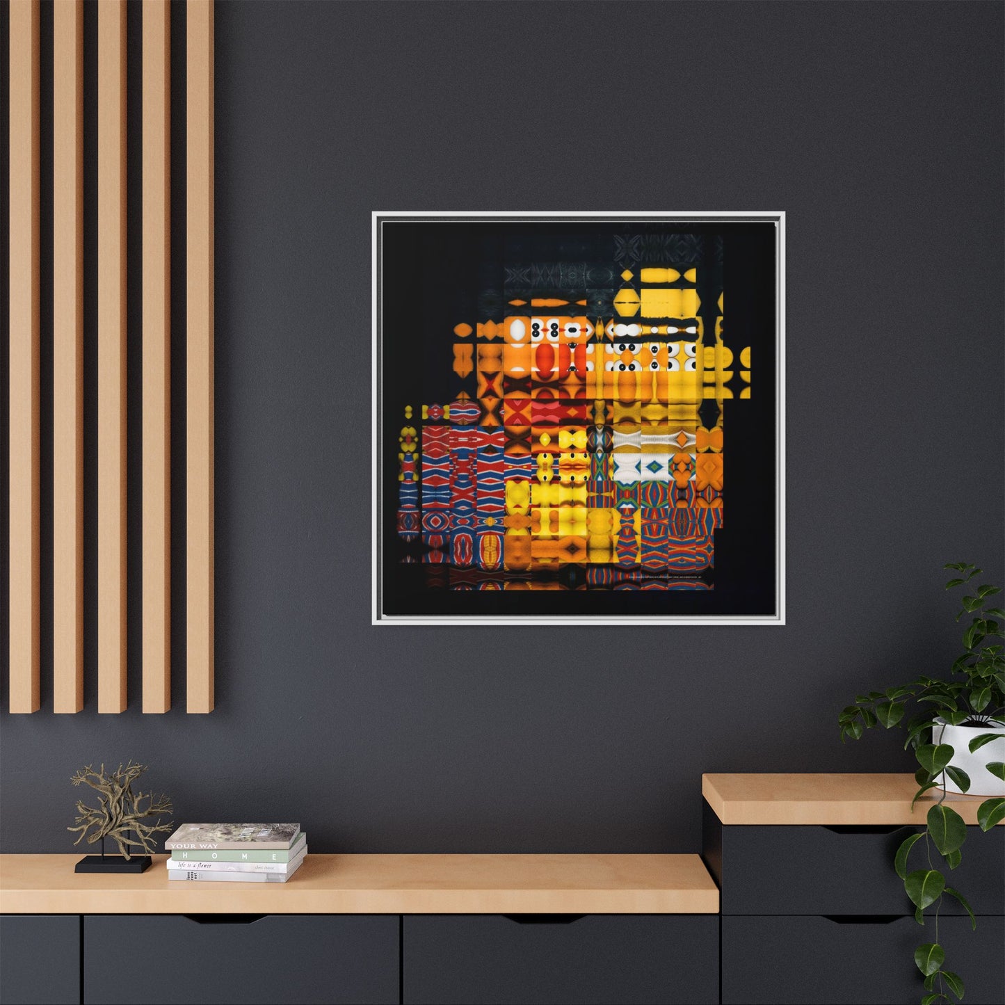 Iconic Domestic Partners in Plain Sight: Bert, Ernie, and Rubber Ducky Abstract Portrait Collage Art — Matte Canvas, Framed (Multi-color options)