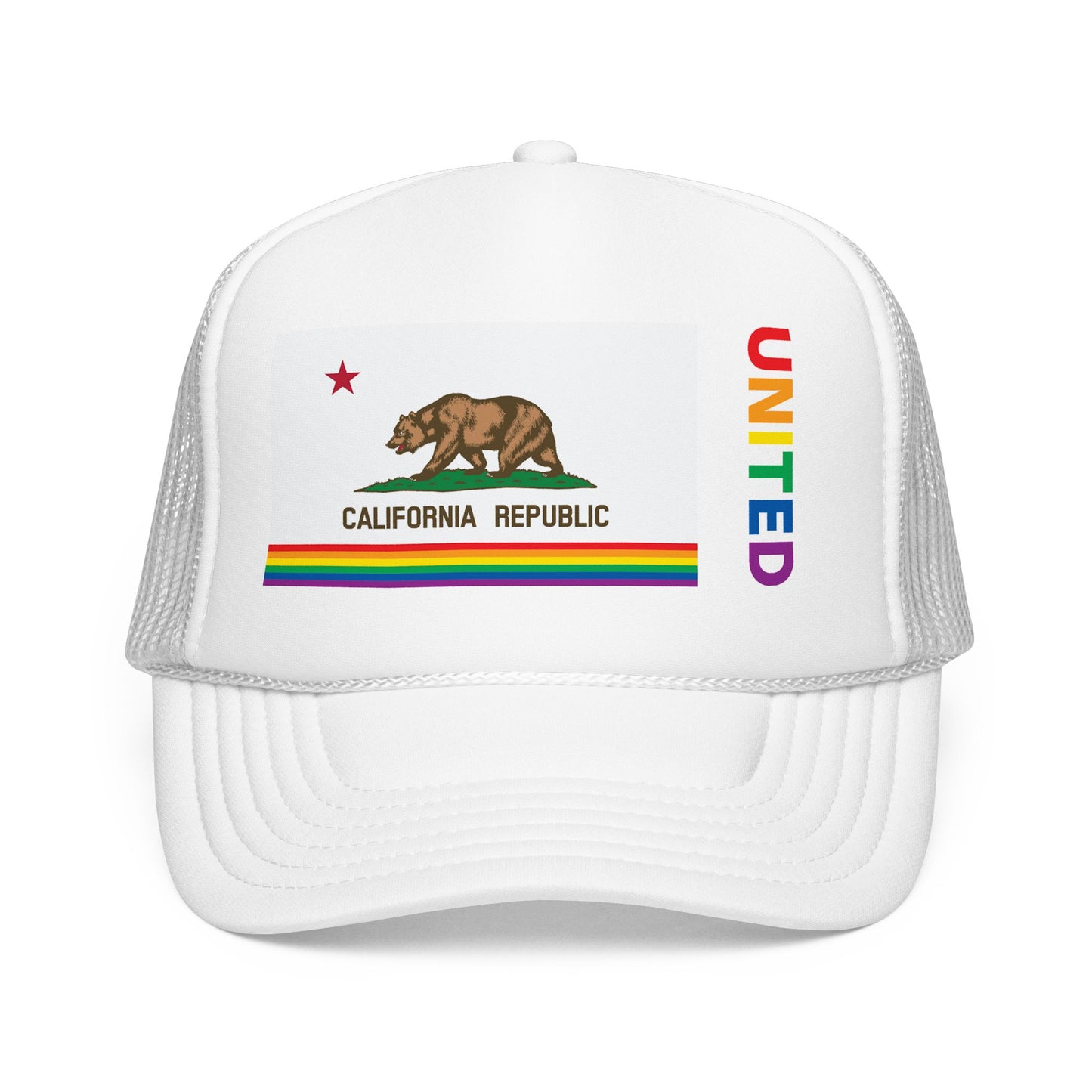 California Rainbow Pride Flag "UNITED" Printed Foam Trucker Hat, Several Color Options