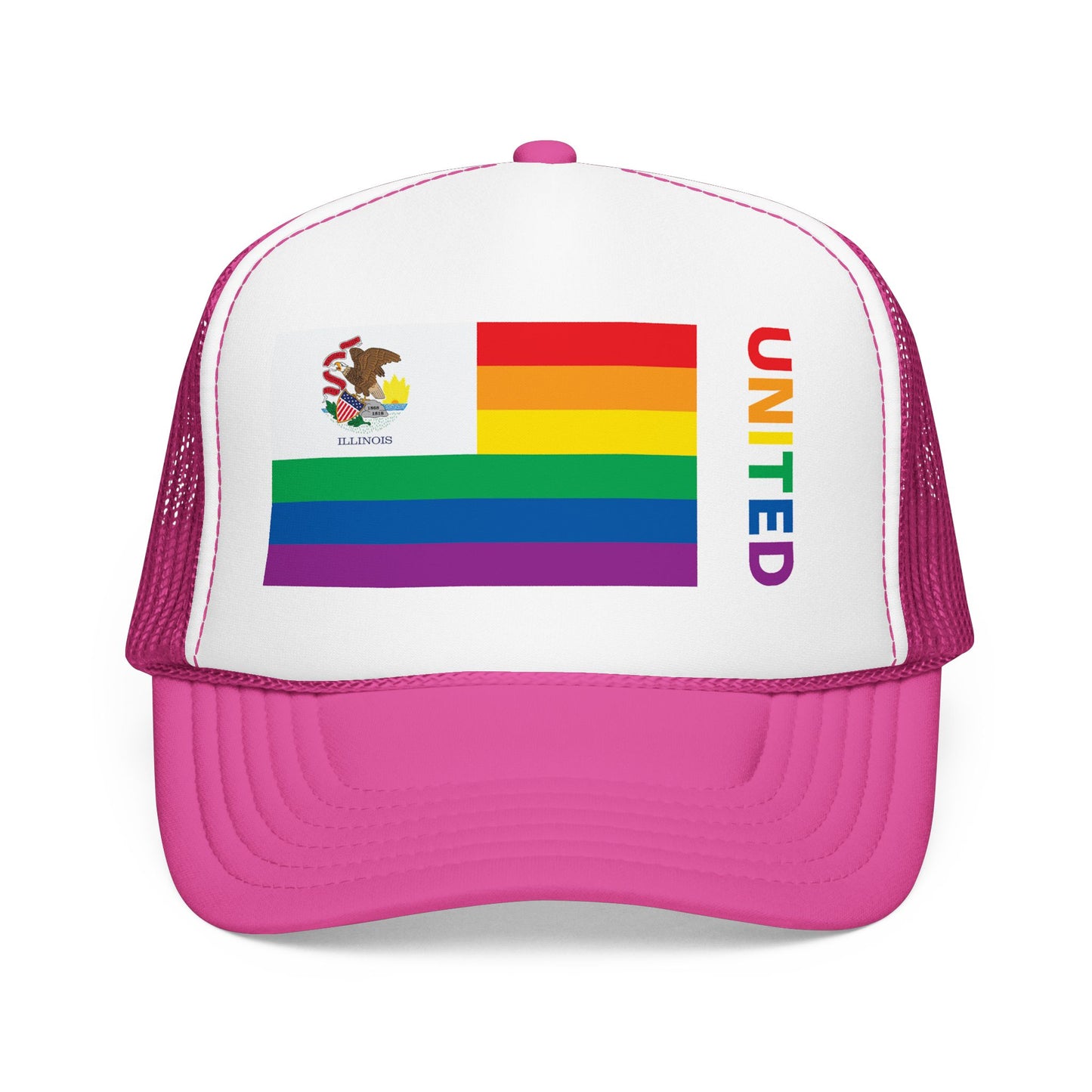 Illinois Rainbow Pride Flag "UNITED" Printed Foam Trucker Hat, Several Color Options