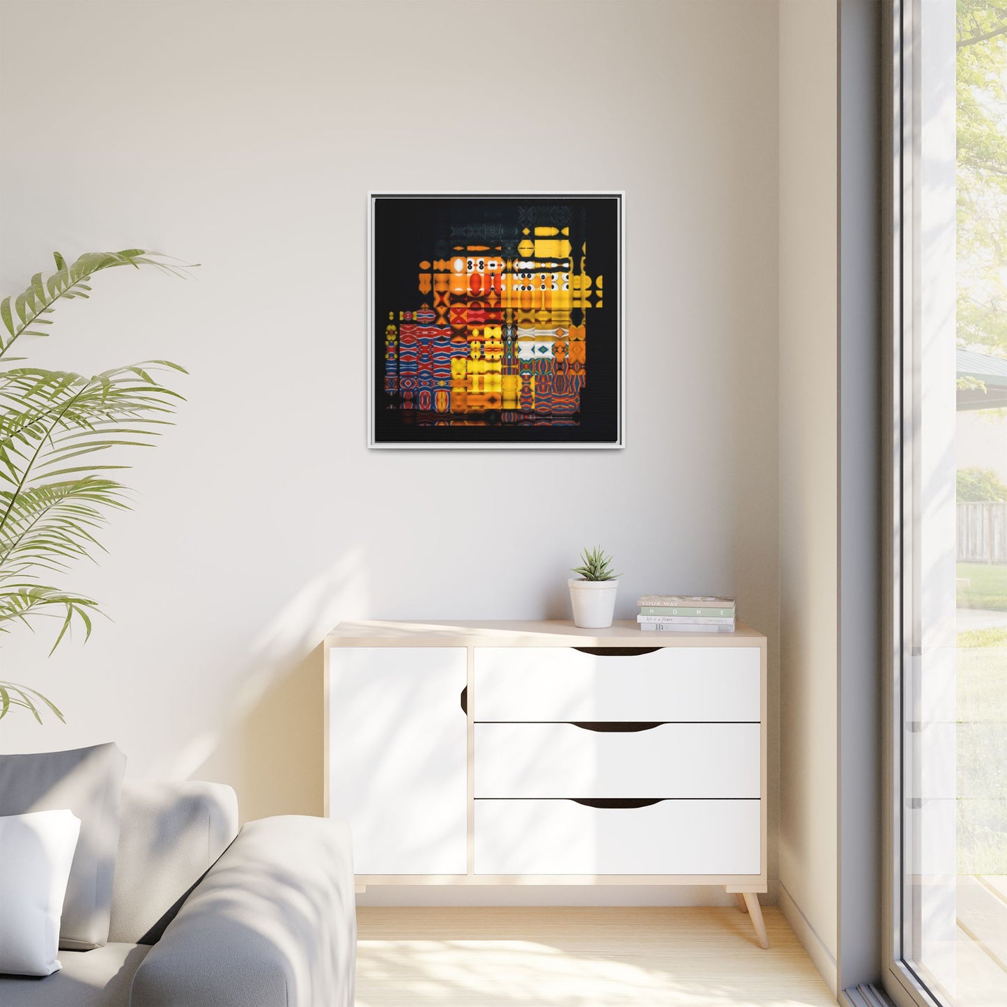 Iconic Domestic Partners in Plain Sight: Bert, Ernie, and Rubber Ducky Abstract Portrait Collage Art — Matte Canvas, Framed (Multi-color options)