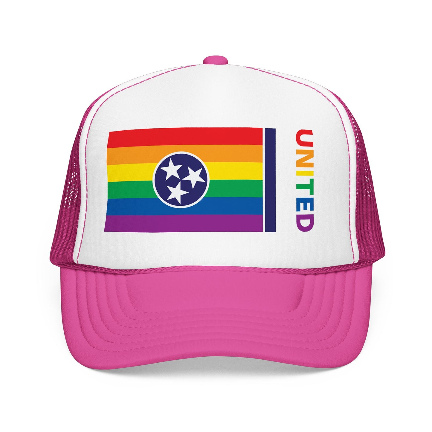 Tennessee Rainbow Pride Flag "UNITED" Printed Foam Trucker Hat, Several Color Options