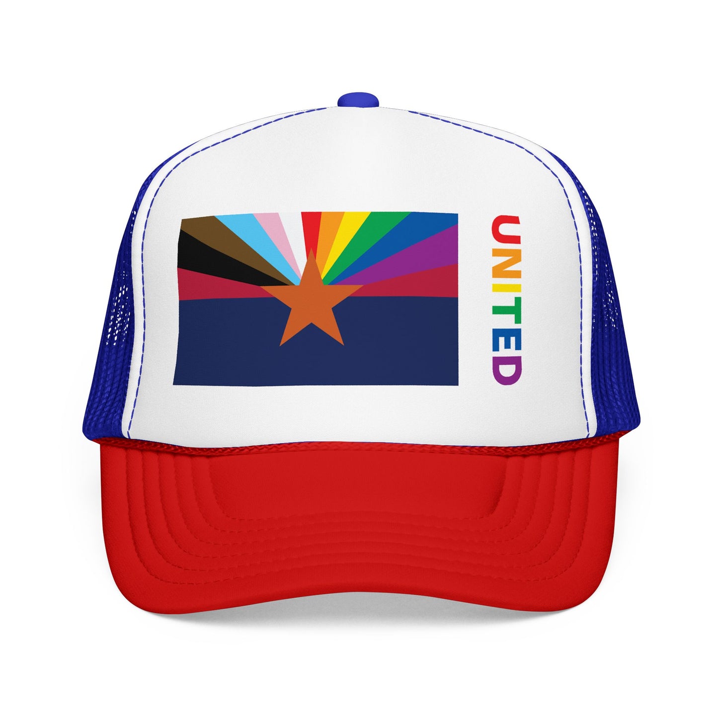 Arizona Rainbow Pride Flag "UNITED" Printed Foam Trucker Hat, Several Color Options