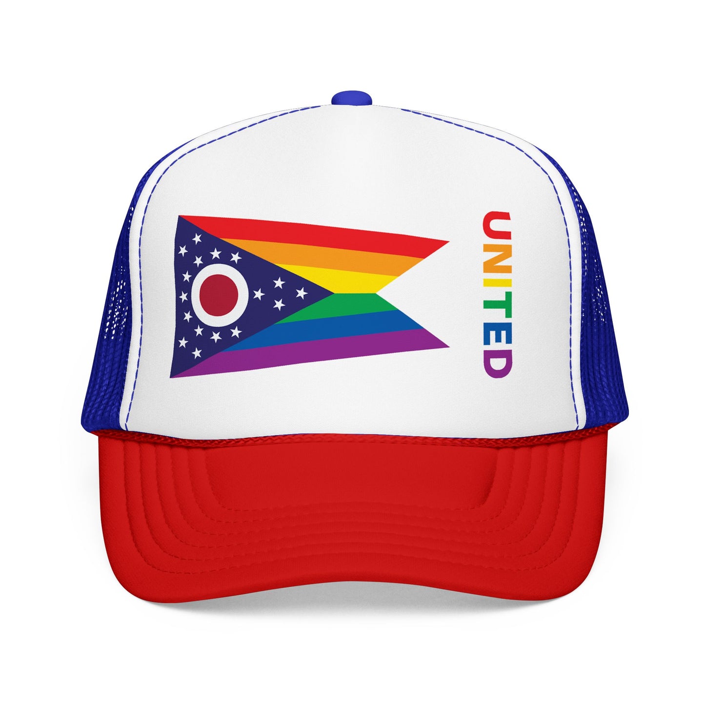 Ohio Rainbow Pride Flag "UNITED" Printed Foam Trucker Hat, Several Color Options